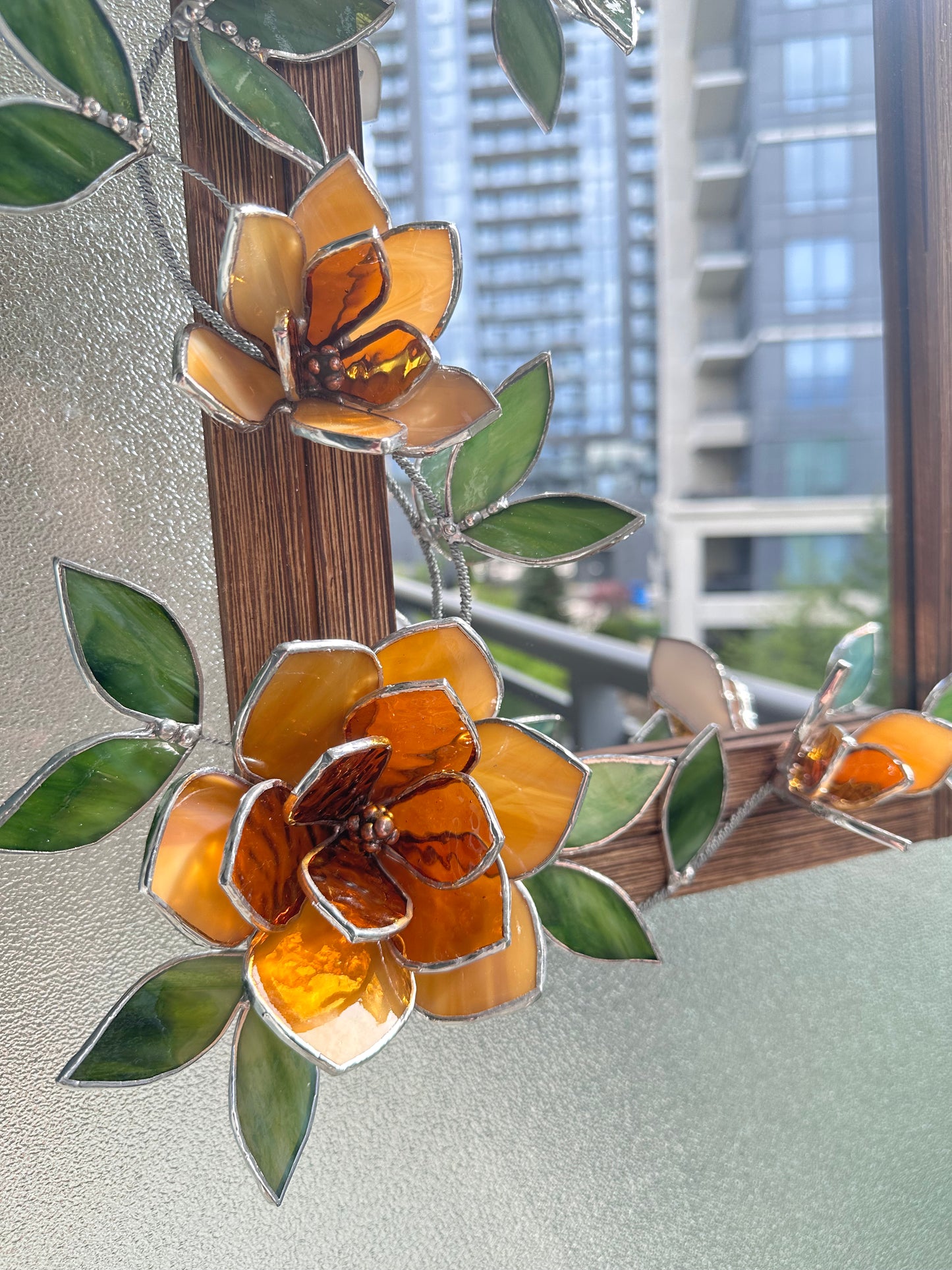 " . Amber Magnolia Flower Mirror, Stained glass Wedding Wall Decor, Christmas gift, Suncatcher