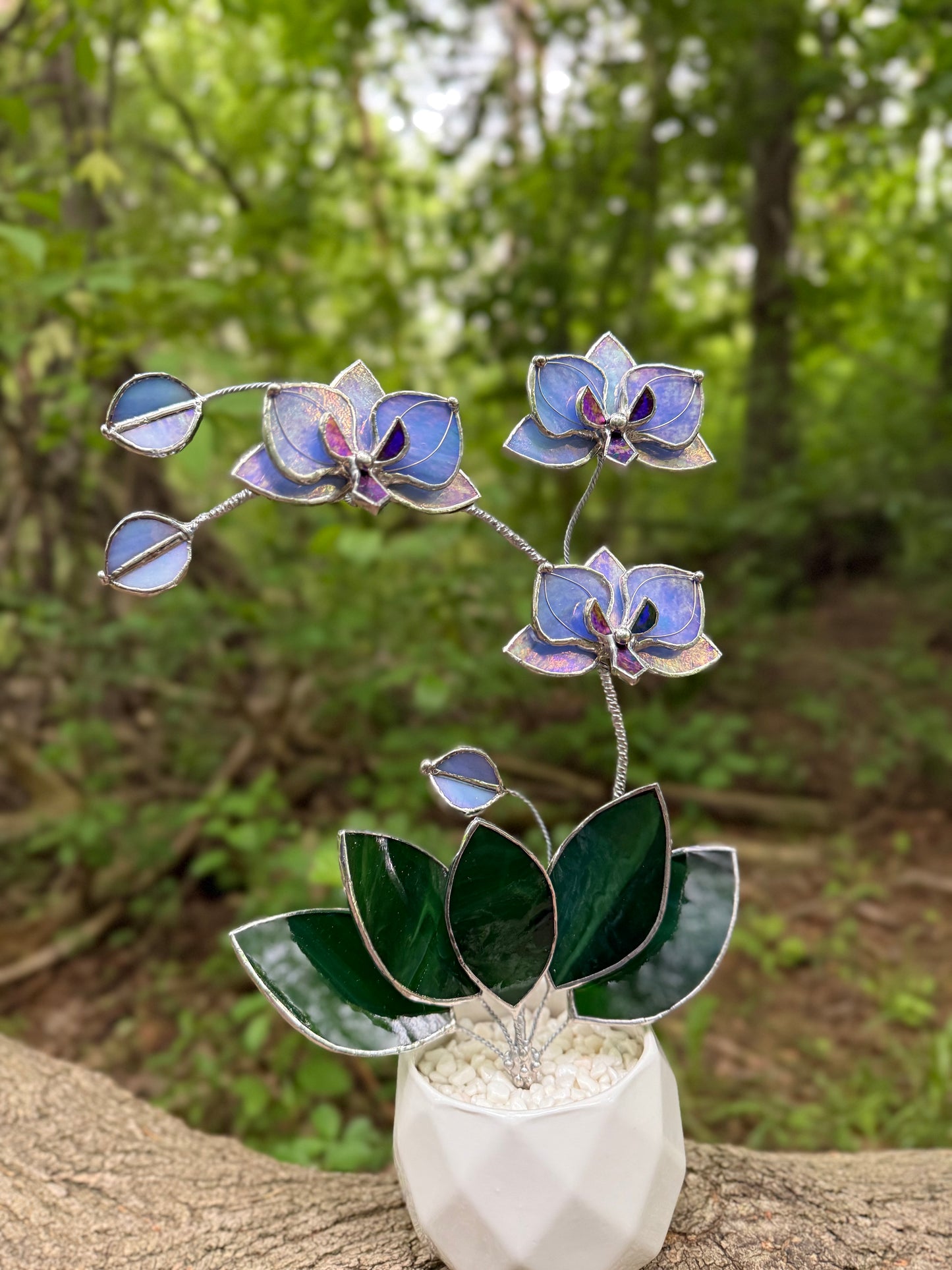 " . Blue lavender iridescent Orchid 3 flowers with pot” Stained glass tropical flower 3D, Sun catcher, Table plant, Garden stick, Outdoor and gardening decor available new