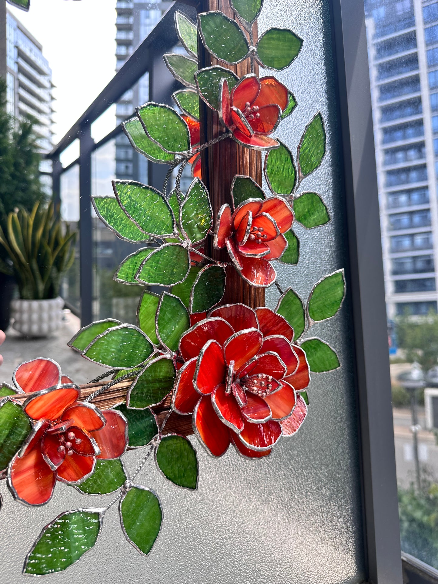 " . Flower Mirror Red Roses, Stained glass Wedding Wall Decor Christmas gift, Suncatcher