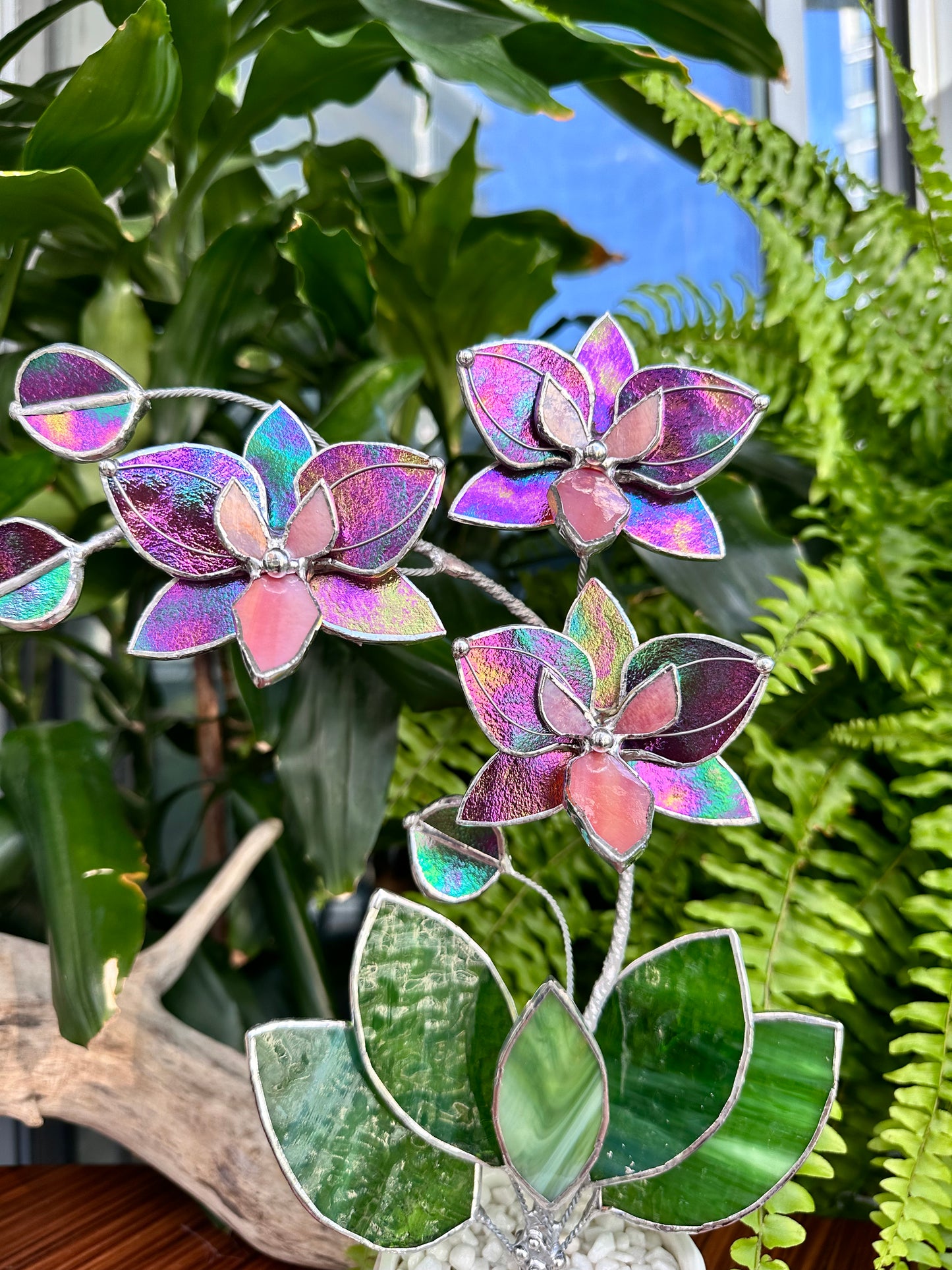 " . Mauve iridescent Butterfly Orchid 3 flowers with pot” Stained glass tropical flower 3D, Sun catcher, Table plant, Garden stick, Outdoor and gardening decor