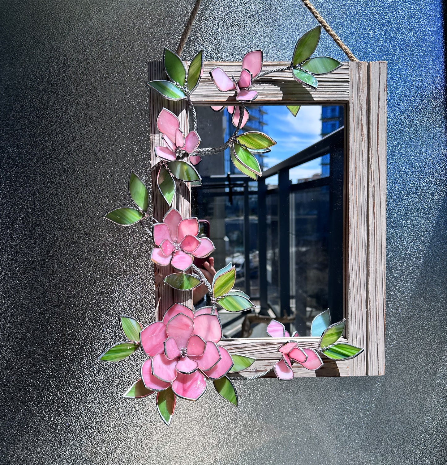 " . Flower Mirror Pink Magnolia, Stained glass Wedding Wall Decor Christmas gift, Suncatcher