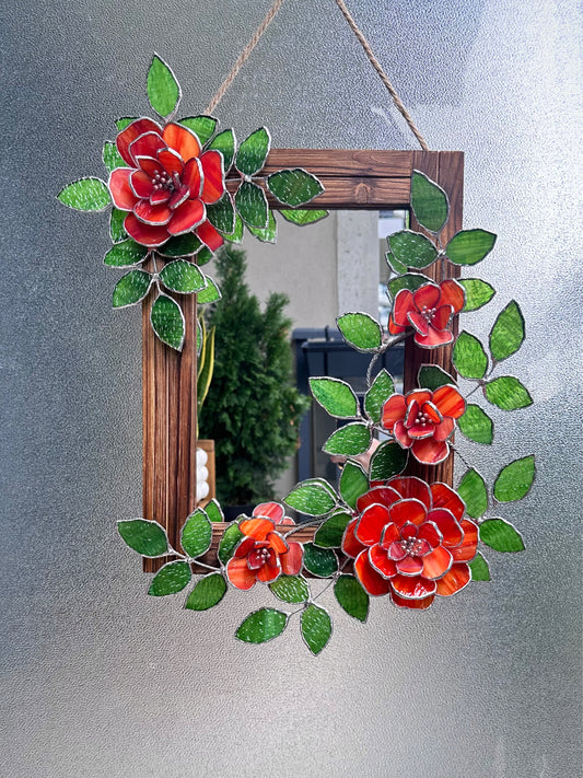 " . Flower Mirror Red Roses, Stained glass Wedding Wall Decor Christmas gift, Suncatcher