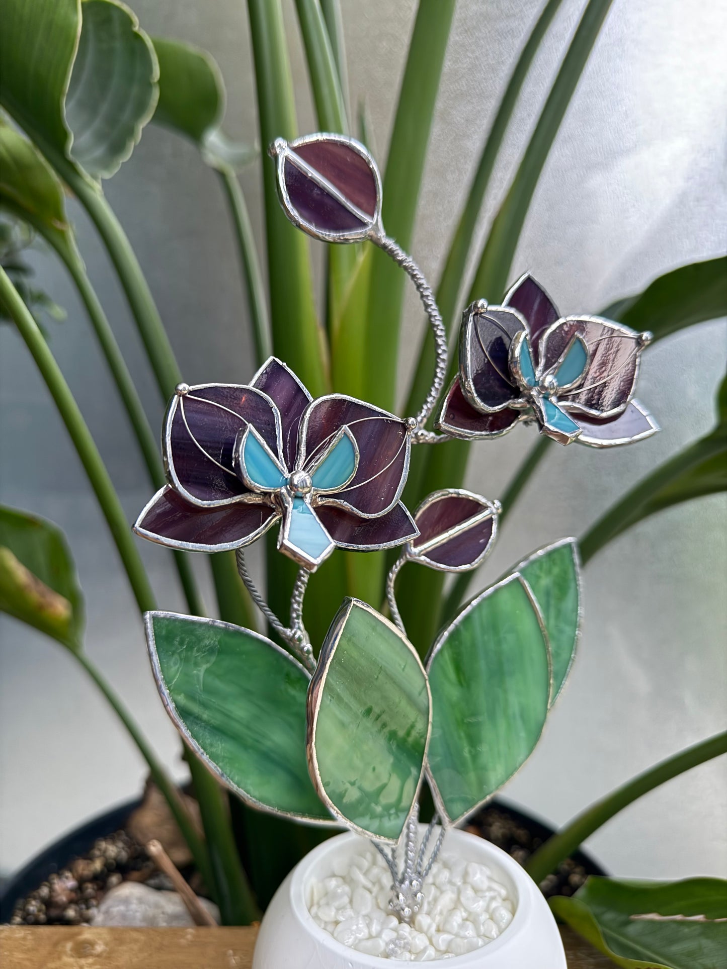 Orchid Elderberry purple Stained Glass 2 flowers in a Pot, Botanical Art Sculpture