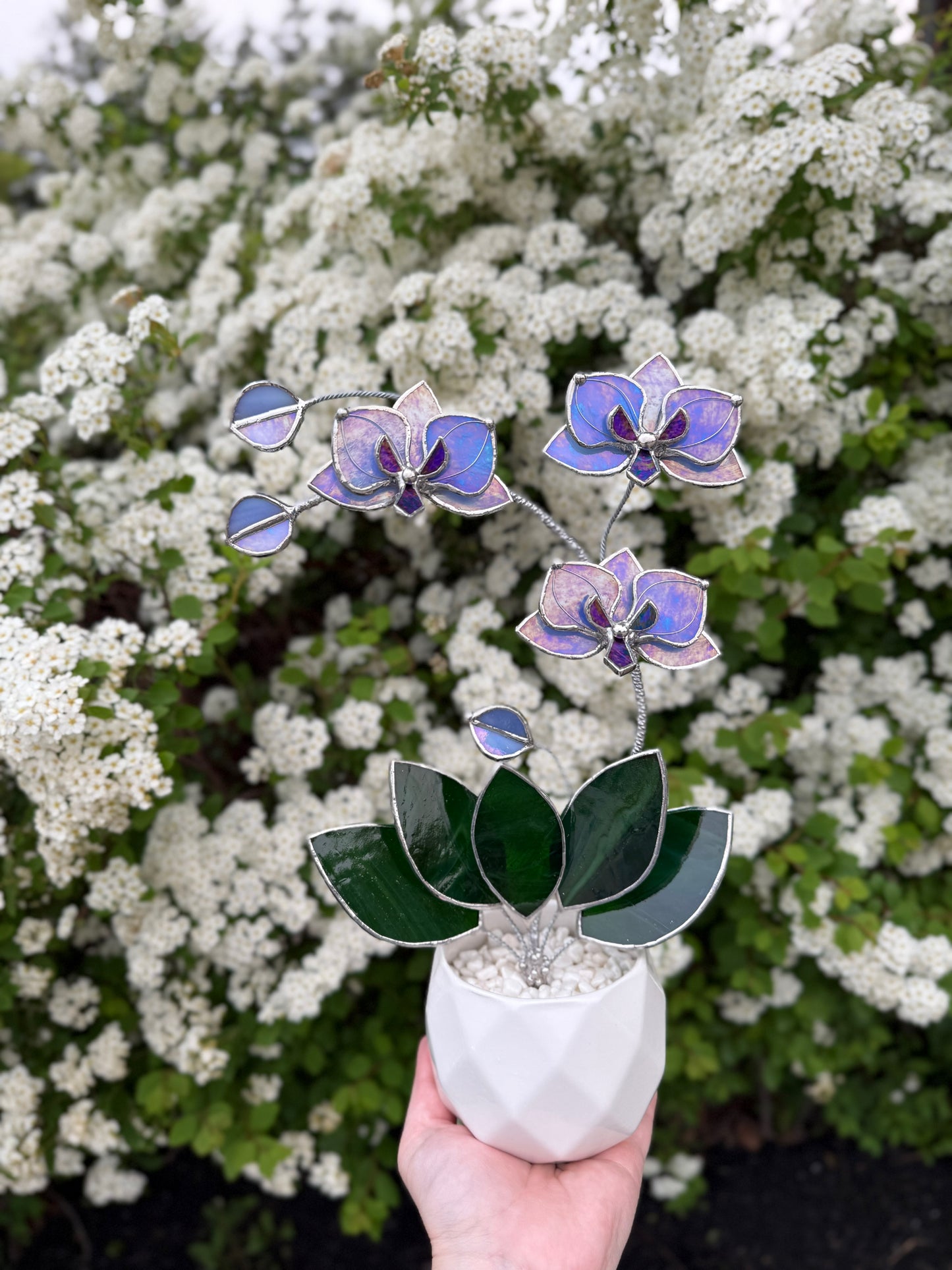 " . Blue lavender iridescent Orchid 3 flowers with pot” Stained glass tropical flower 3D, Sun catcher, Table plant, Garden stick, Outdoor and gardening decor available new