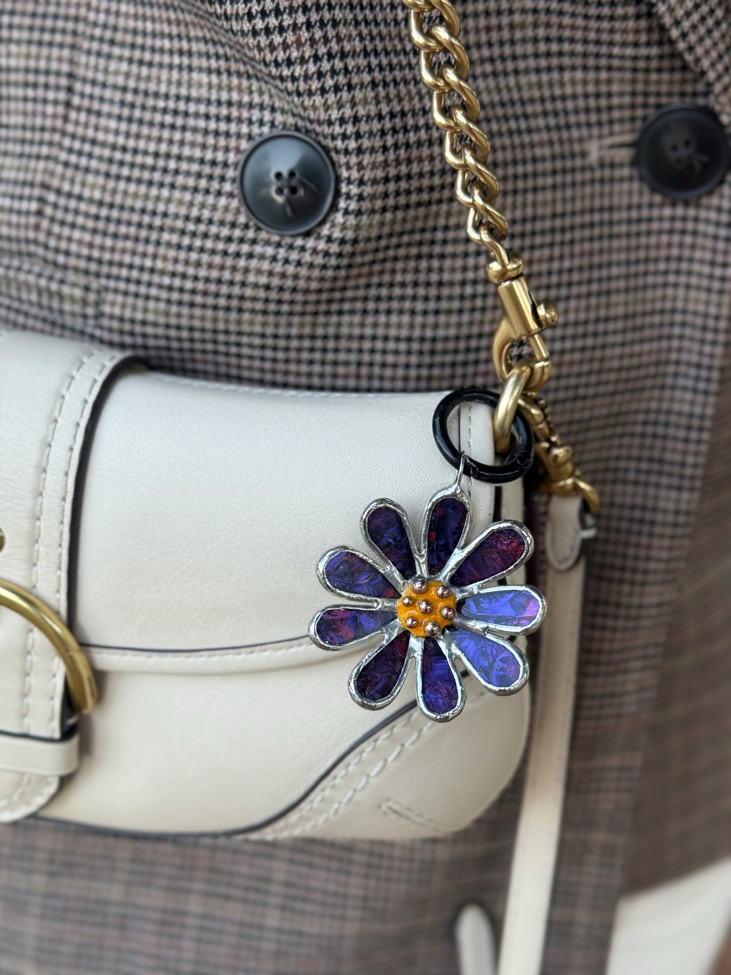 Daisy Purple & Pink Stained Glass Bag Charm Handmade Lead Free Accessories