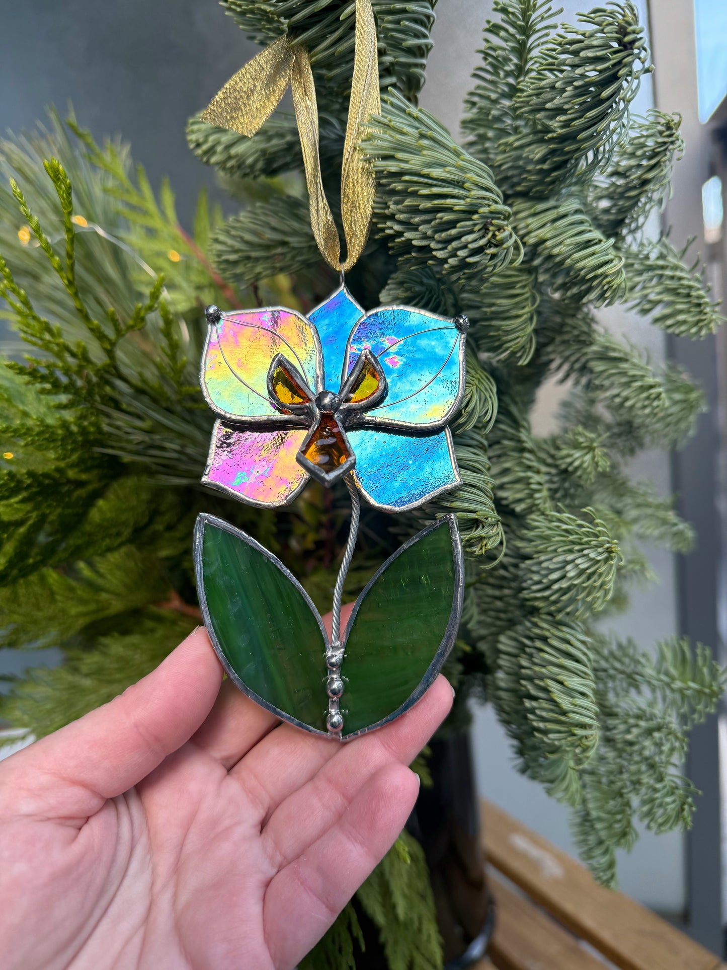 " . Butterfly Orchid flower with leaves Plum transparent irid, Stained glass Decorative ORNAMENT, Christmas decoration, Suncatcher
