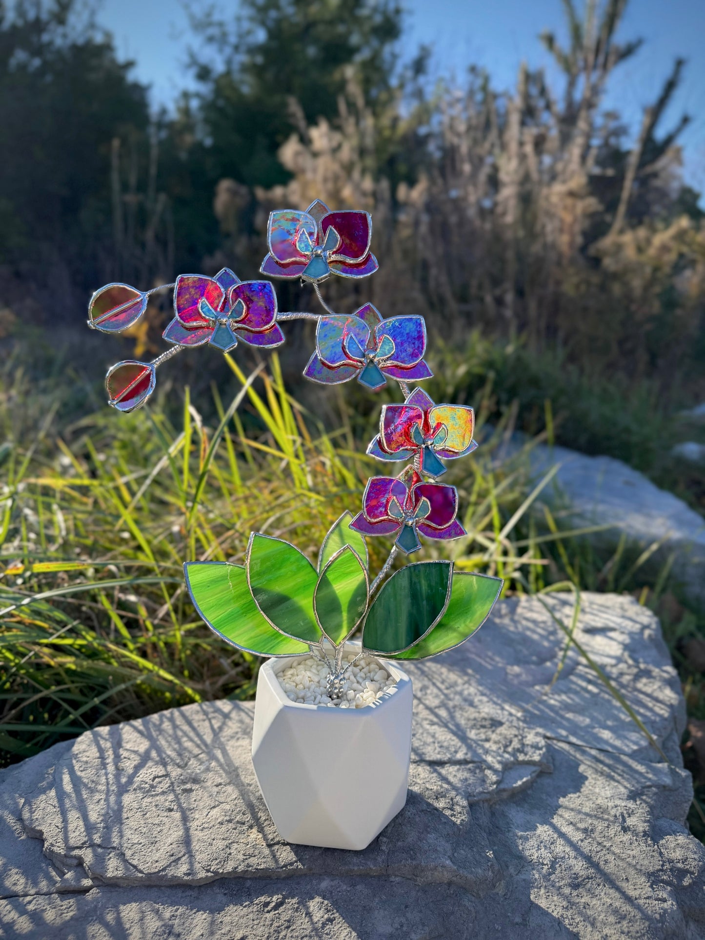 " . Red transparent iridescent Orchid 5 flowers with pot" Stained glass tropical flower 3D, Sun catcher, Table plant, Garden stick, wedding decor, Christmas gift