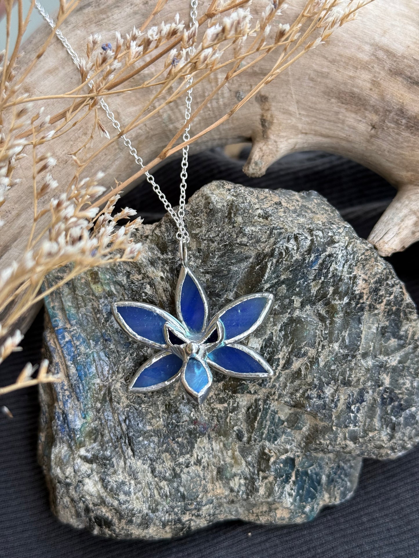 " . Necklace Tropical Orchid Lilac irid” Stained glass tropical flower 3D, art jewelry