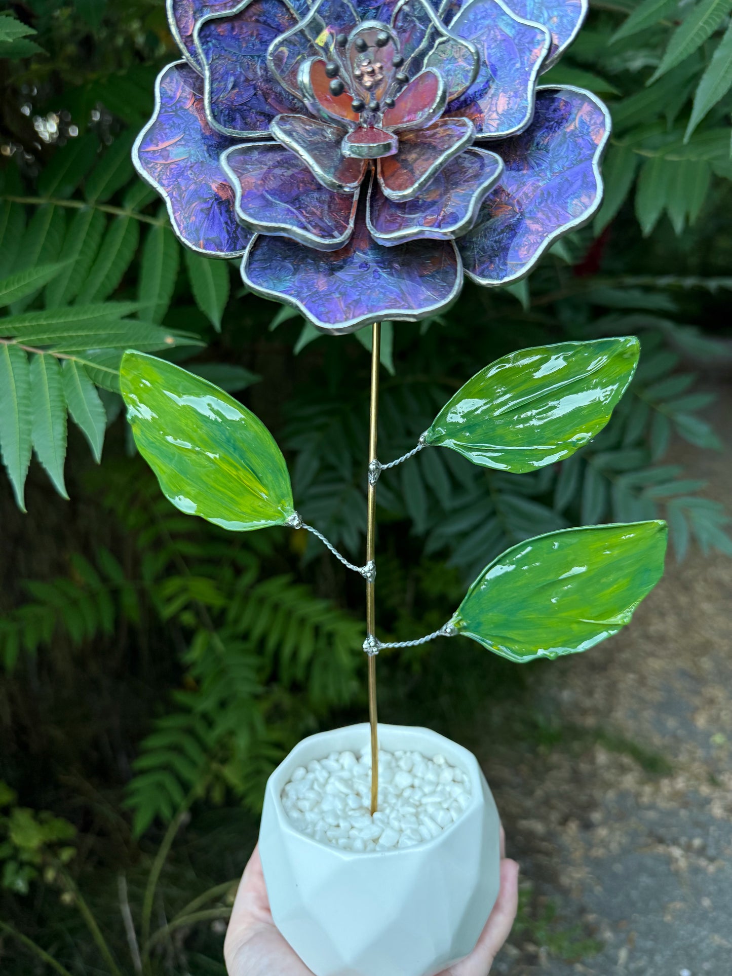 .Multicolor Peony Stained glass flower with RESIN LEAVES 3D Botanical Table Plant Decor