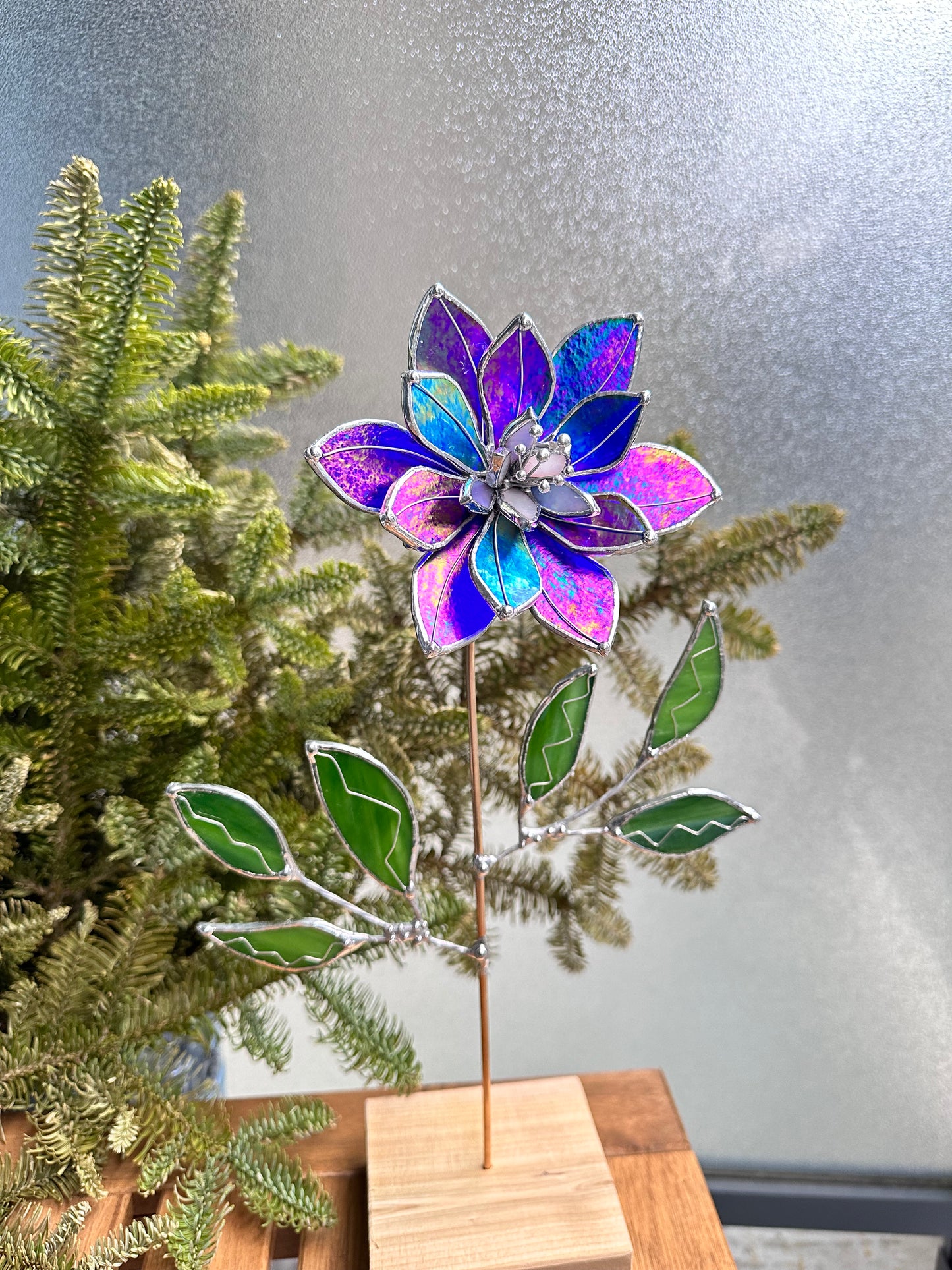 ". Lily Indigo blue Iridescent" Stained glass tropical flower 3D, Sun catcher, Table plant decor, Garden stake, wedding decor, Christmas gift