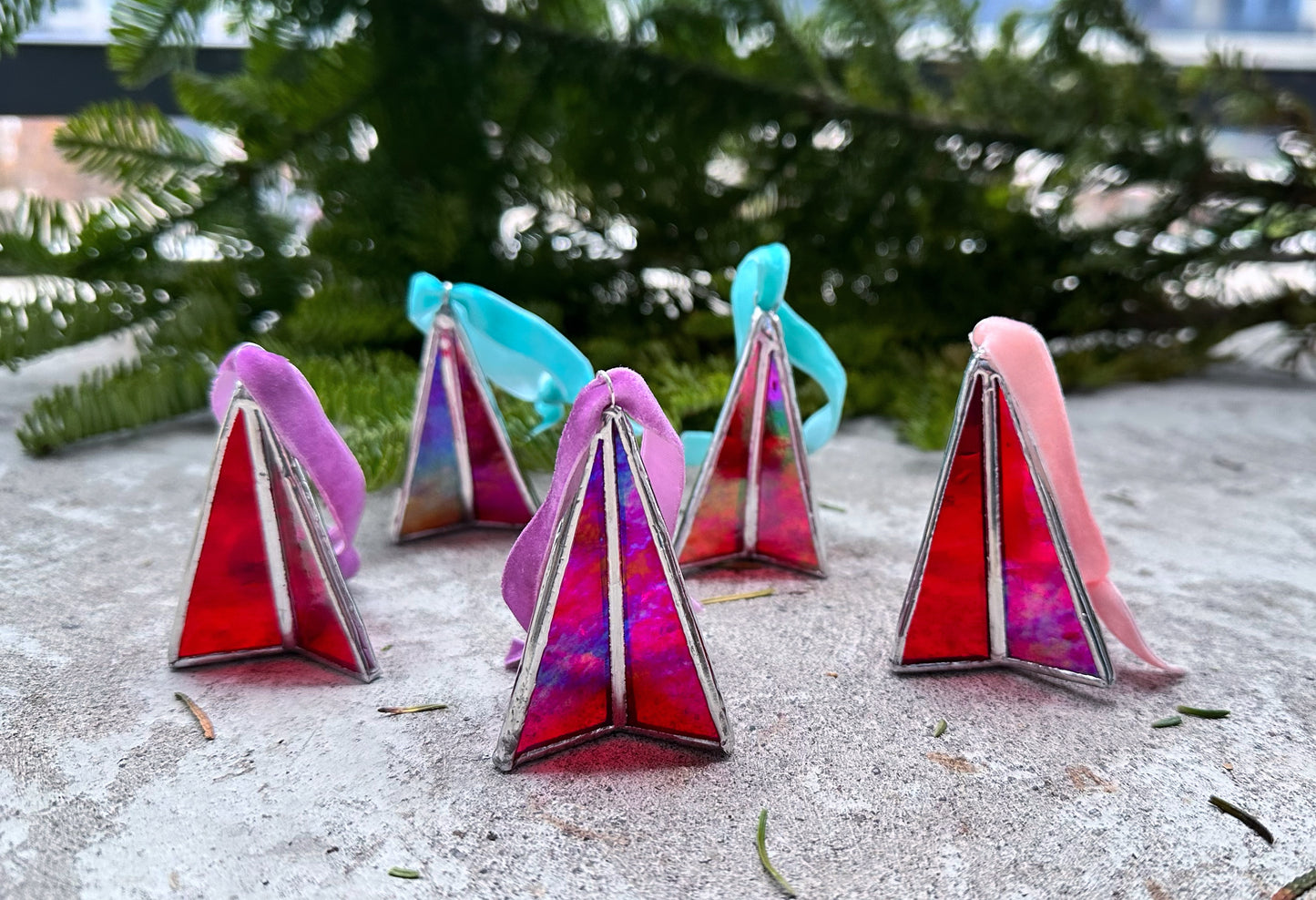 Christmas Stained glass ornaments Red iridescent tree Set of 1, 3, 5, Secret Santa, Holiday decor, Handcrafted, Wedding gift