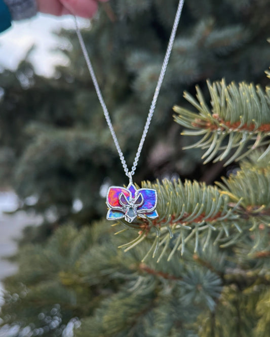 " . Necklace Orchid Red transparent iridescent Necklace” Stained glass tropical flower 3D, art jewelry