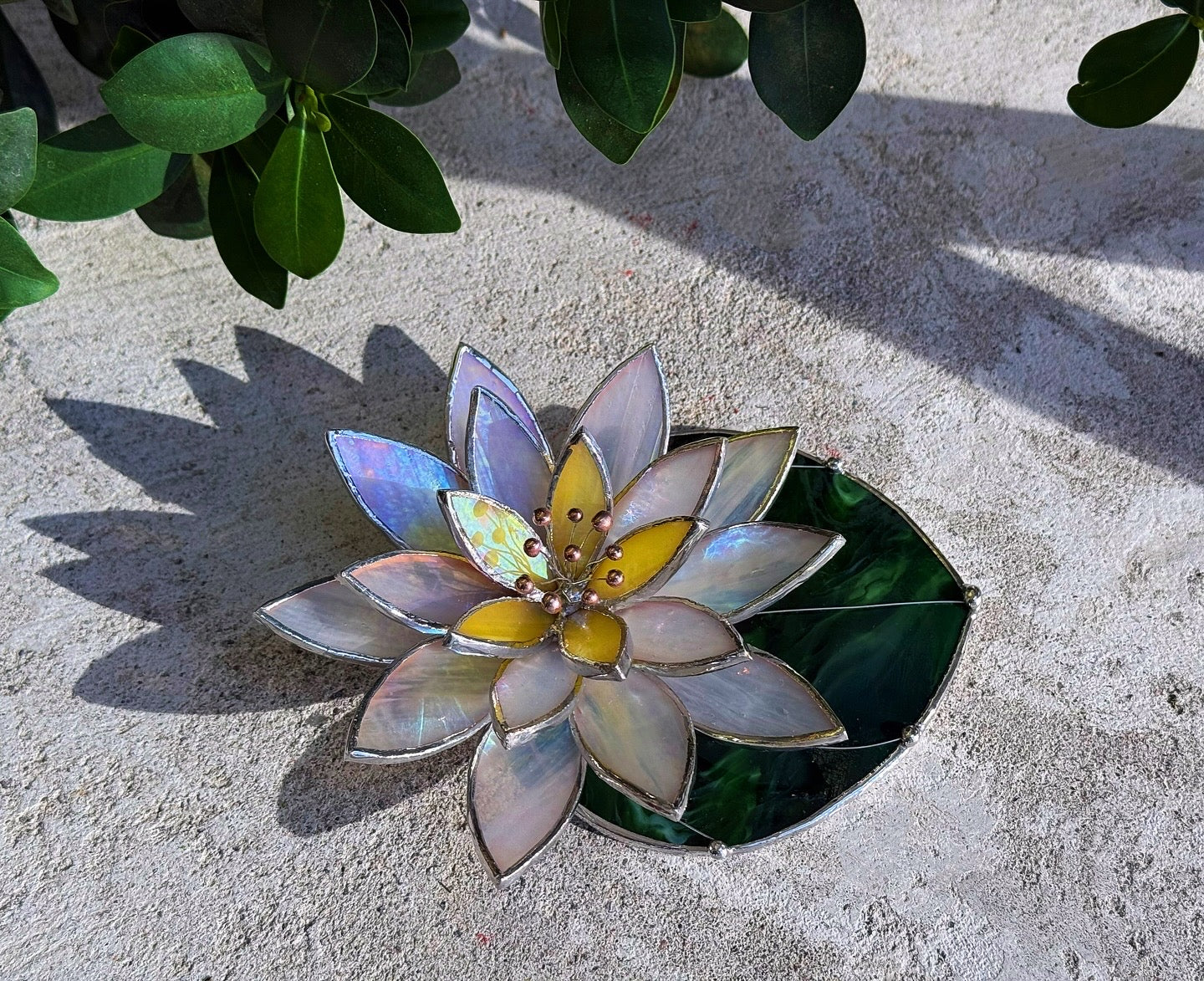 " . Delicate White Water Lily with leaf" Stained glass table decor, holiday decorations, succulents