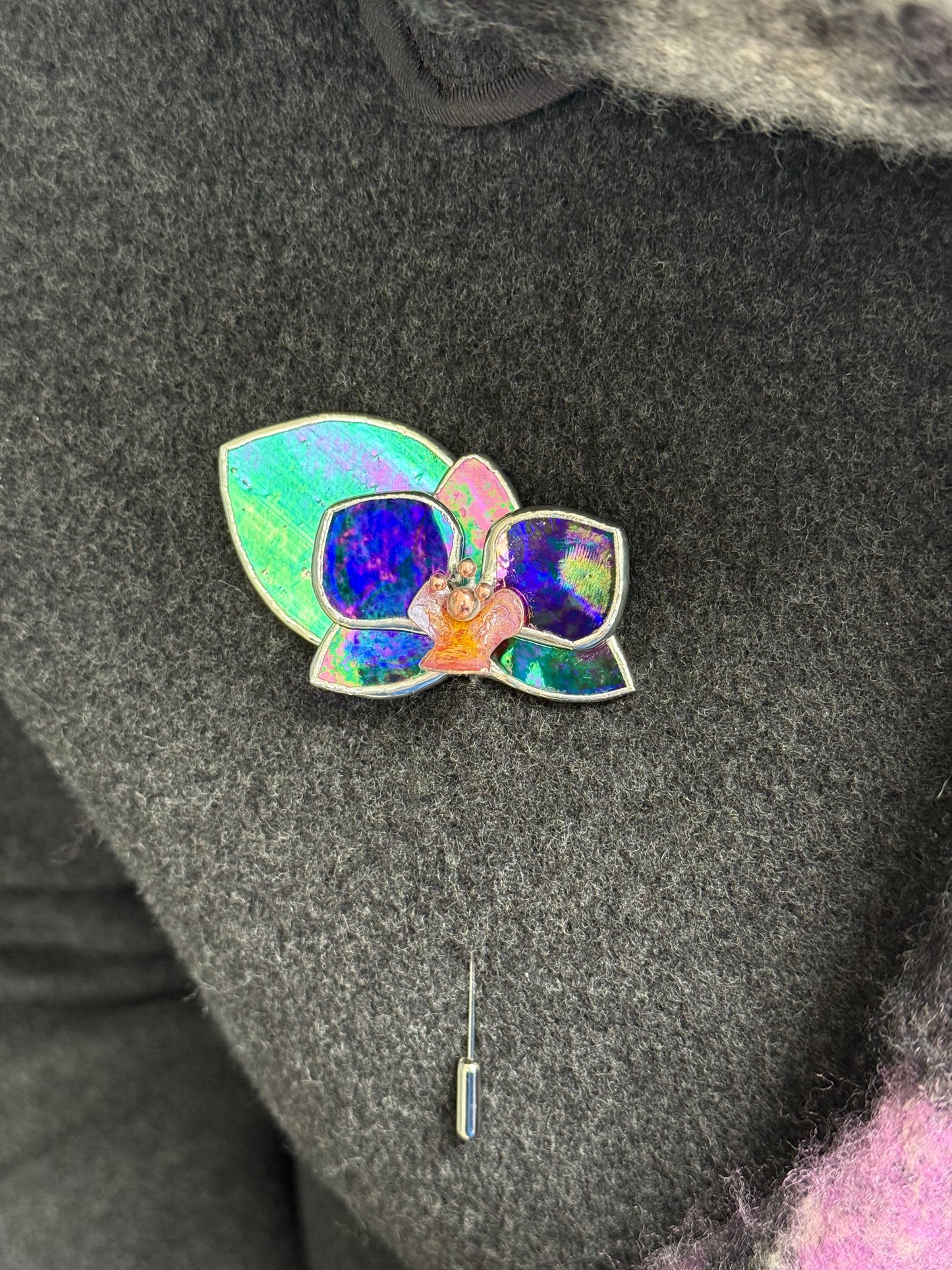 Orchid Brooch Statement Stained Glass Floral Pin, Modern Art Jewelry