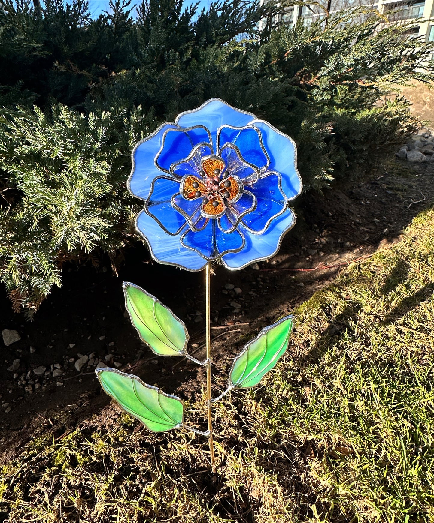 ". Peony Stained glass flower Sky Blue & Gold,  tropical 3D Sun catcher, Table plant decor