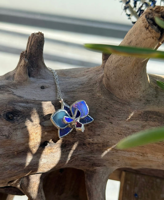 .Orchid Lavender Blue Irid, Stained Glass Necklace Handmade Botanical Jewelry new