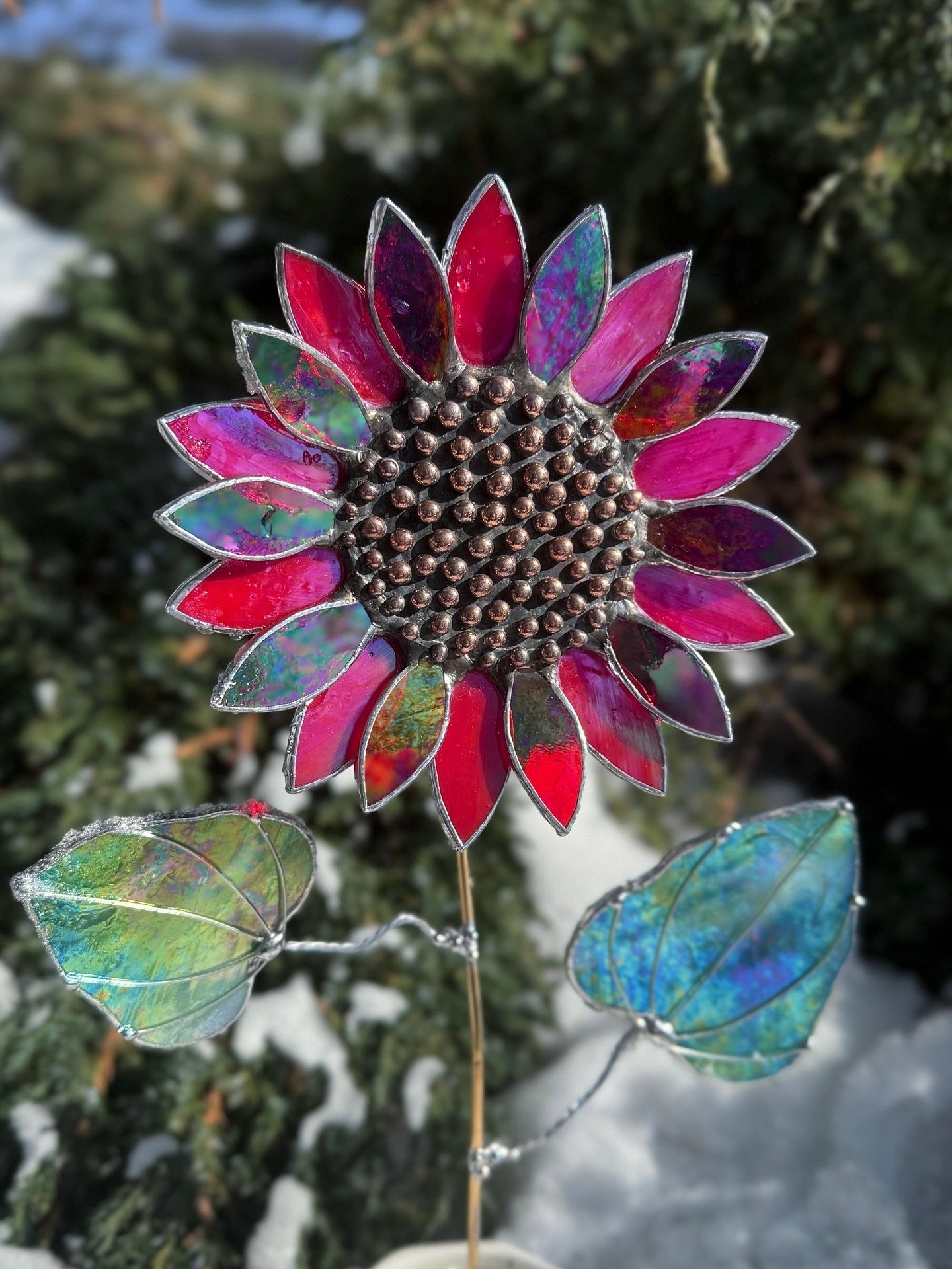 .Sunflower Ruby Red, Artisan 3D Stained Glass Suncatcher, Table Decor