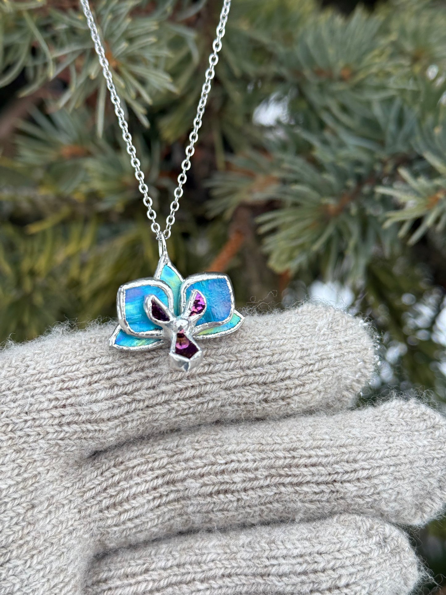 " . Necklace Orchid Sky Blue iridescent Necklace” Stained glass tropical flower 3D, art jewelry