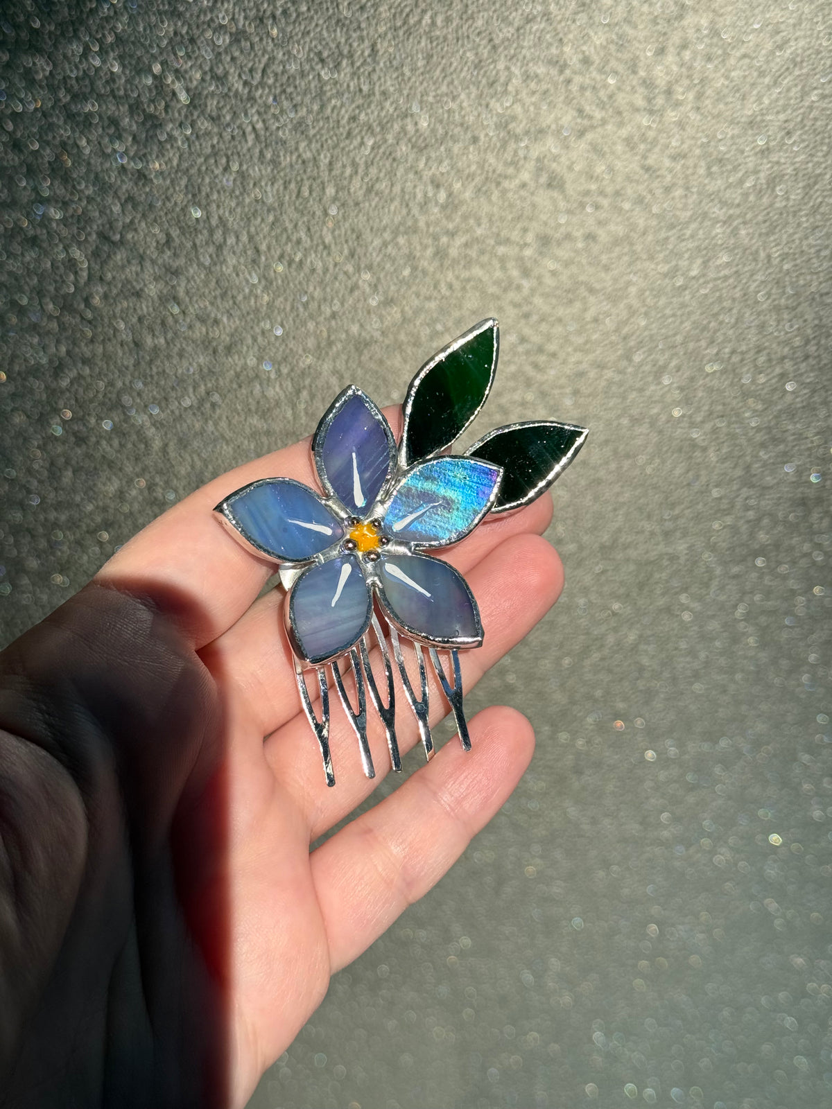 Hair Comb Stained Glass Forget Me Not Flower CHOOSE COLOR Handmade Accessories