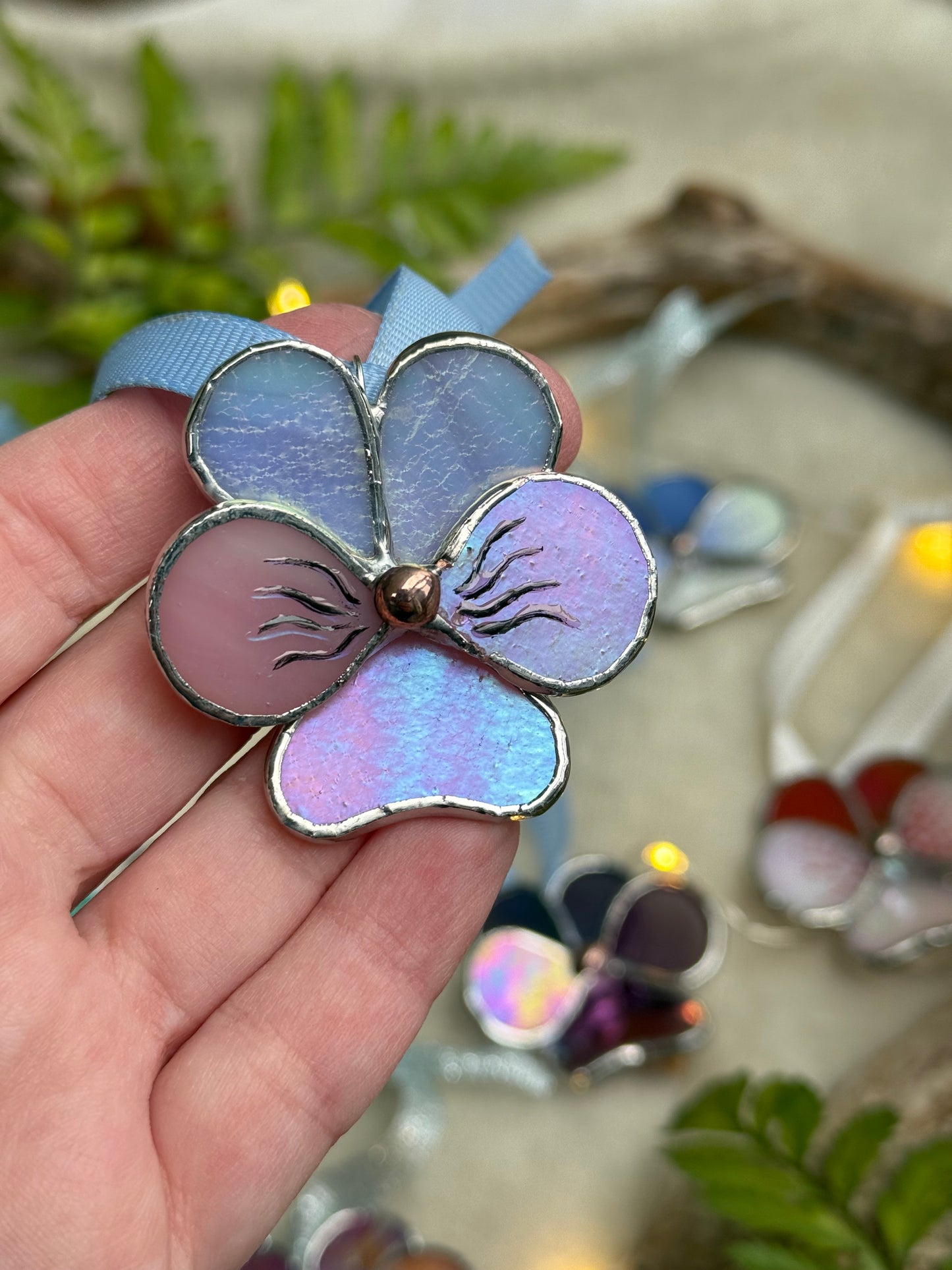 " . Pansy flower Lavender & Pink irid , Stained glass Decorative ORNAMENT, Christmas decoration, Suncatcher new