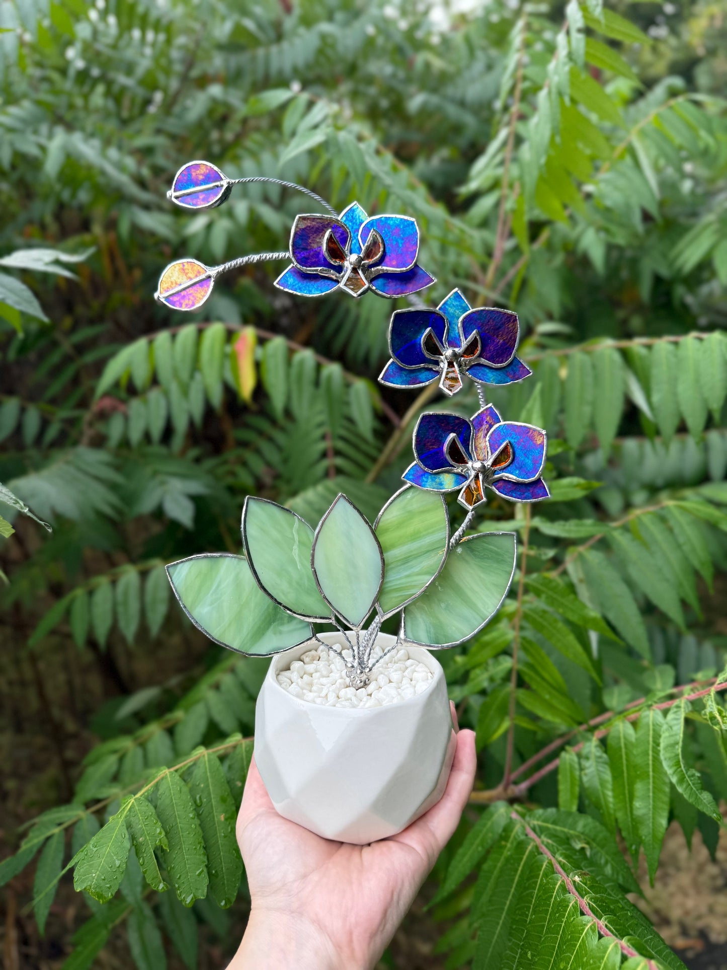 " . Indigo iridescent Orchid 3 flowers with pot ” Stained glass tropical flower 3D, Sun catcher, Table plant, Garden stick, Outdoor and gardening decor