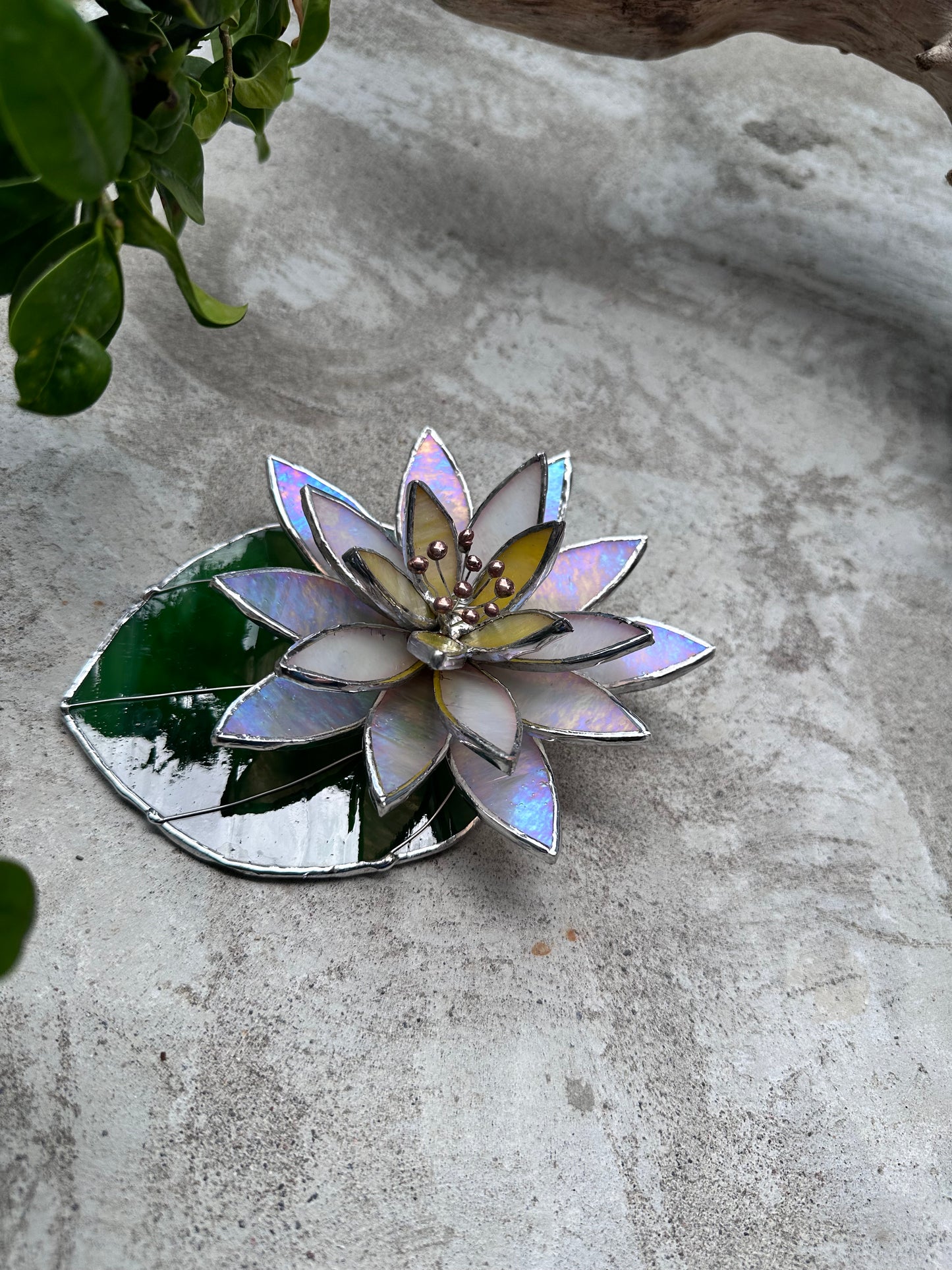 ".Water Lily White Pearl with leaf" Stained glass table decor, holiday decorations, succulents