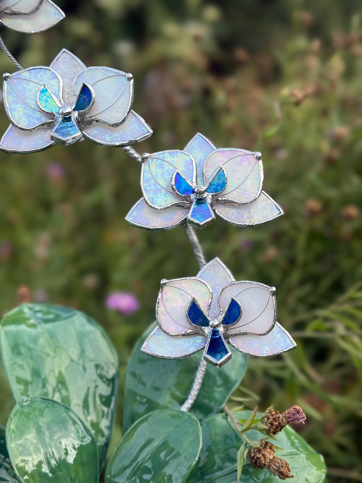 Pearl White iridescent Artificial Orchid, WITH RESIN LEAVES, 5 Flowers, Handmade Botanical Art Decor