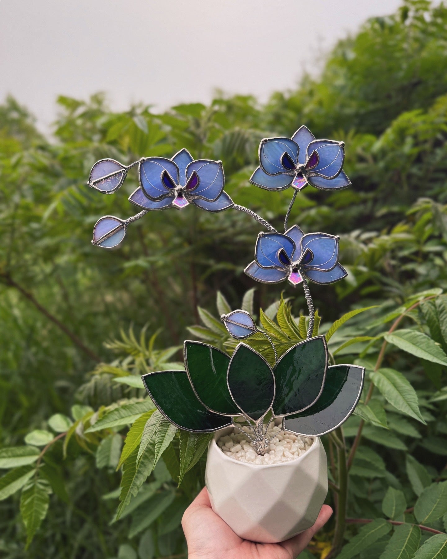 " . Blue lavender iridescent Orchid 3 flowers with pot” Stained glass tropical flower 3D, Sun catcher, Table plant, Garden stick, Outdoor and gardening decor available new