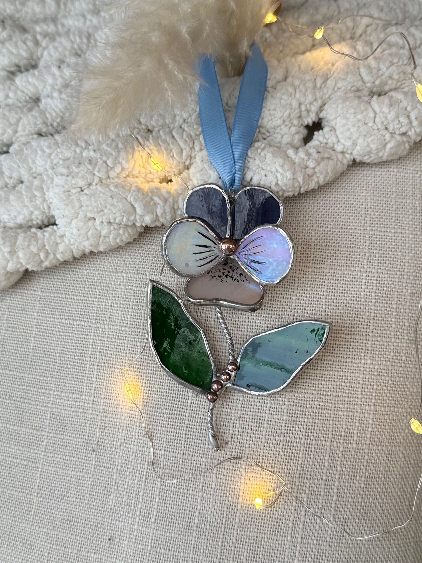 " . Pansy flower with leaves Grape purple & white irid , Stained glass Decorative ORNAMENT, Christmas decoration, Suncatcher