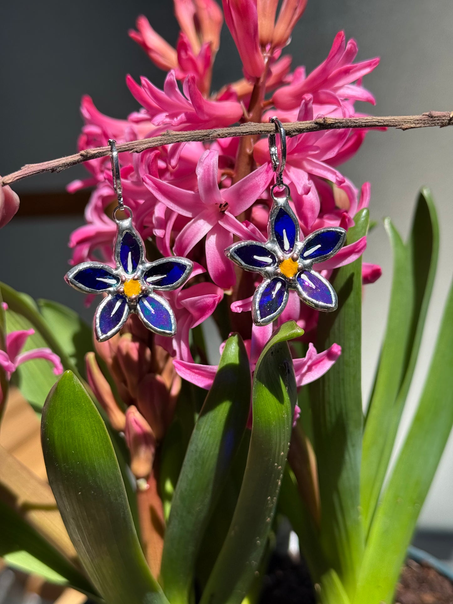 .Forget Me Not Earrings Indigo Luminescent Handcrafted Stained glass Botanical Art Jewelry