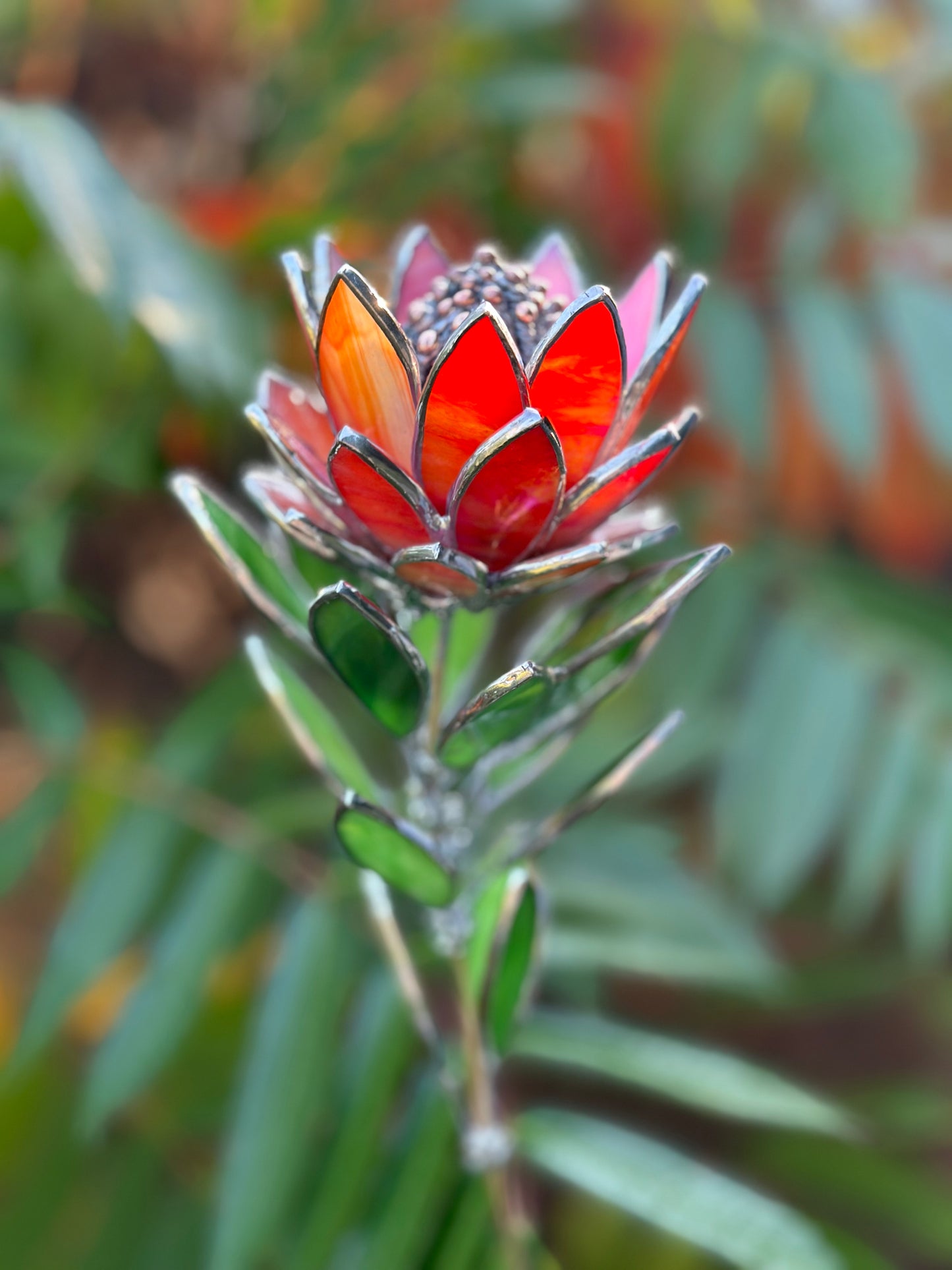 " . Amber&Red irid Protea Stained glass flower in the pot, tropical 3D Sun catcher, Table plant decor, wedding gift, available