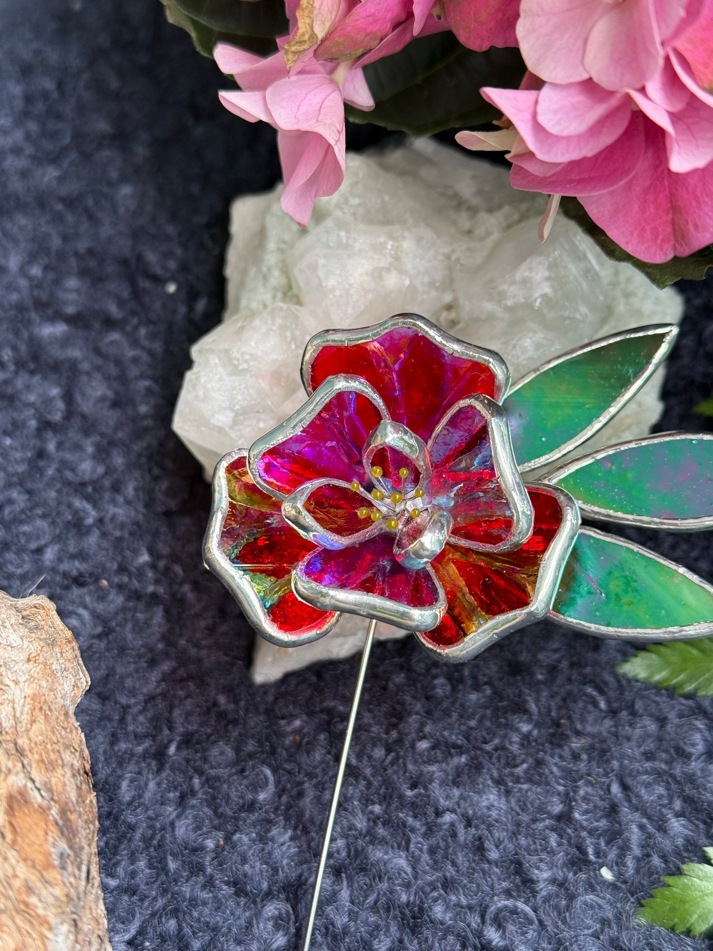 Red Rose Brooch Statement Stained Glass Floral Pin, Modern Art Jewelry