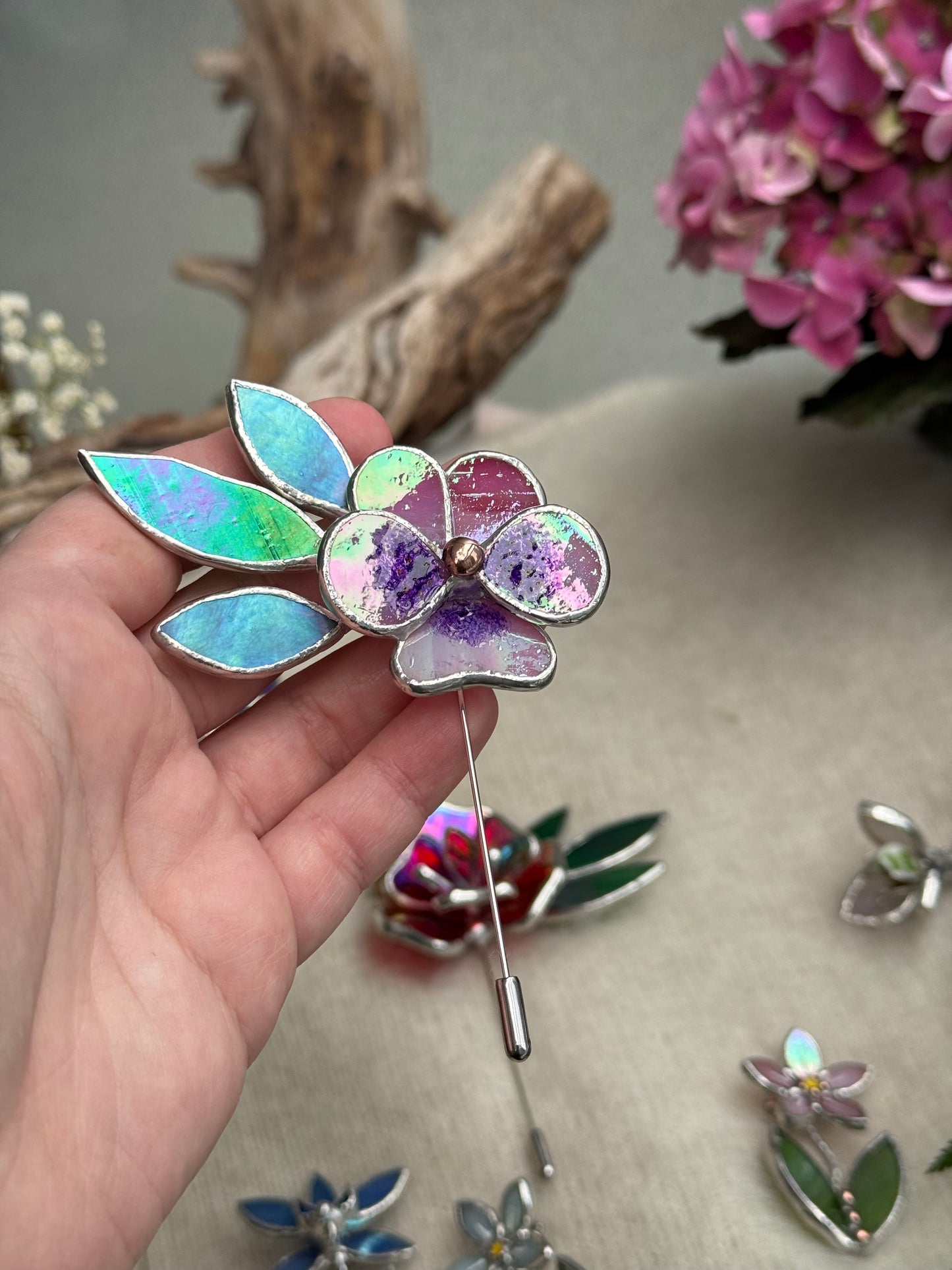 Pansy Brooch Statement Stained Glass Floral Pin, Modern Art Jewelry