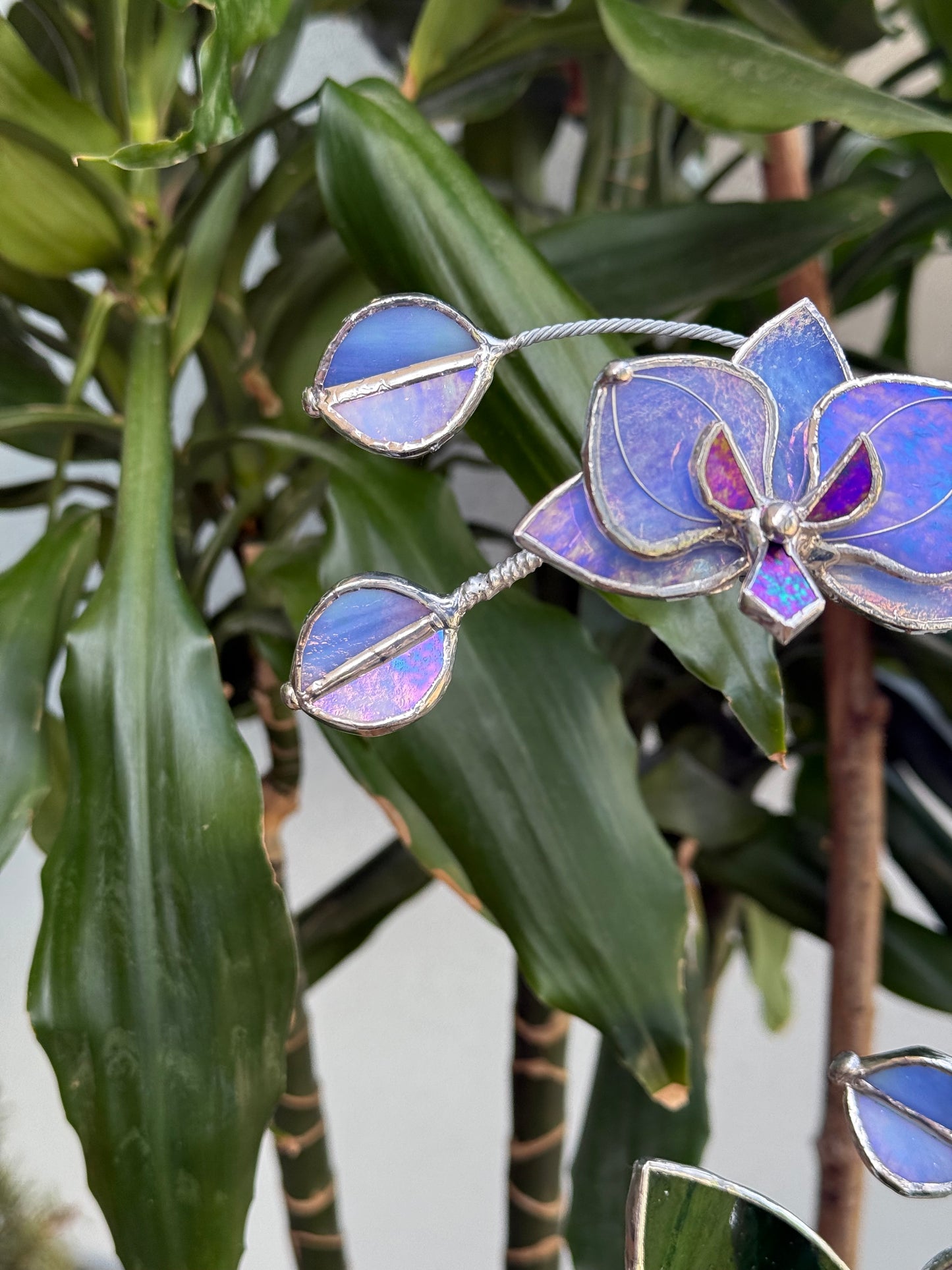 " . Blue lavender iridescent Orchid 3 flowers with pot” Stained glass tropical flower 3D, Sun catcher, Table plant, Garden stick, Outdoor and gardening decor available new