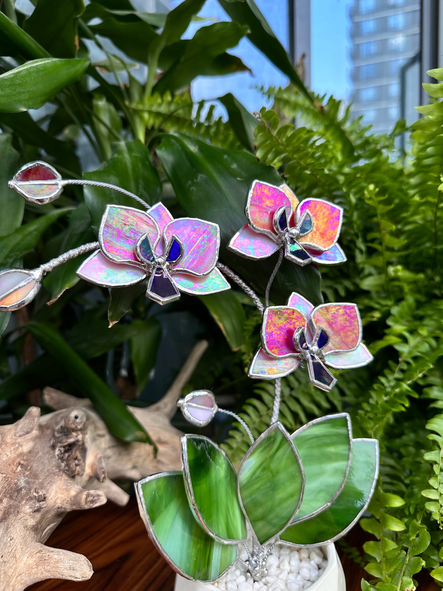 ". Peachy white iridescent Orchid 3 flowers with pot” Stained glass tropical flower 3D, Sun catcher, Table plant, Garden stick, Outdoor and gardening decor