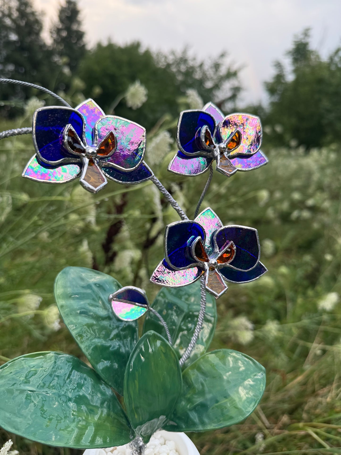 Orchid Indigo Iridescent Stained Glass WITH Hand Painted RESIN LEAVES, 3 Flowers, Botanical Table Decor