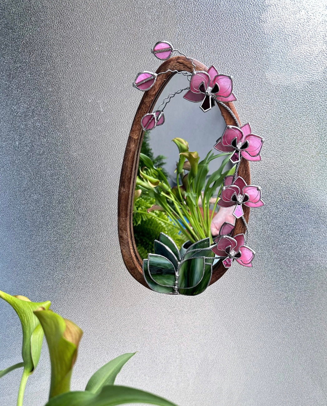 " . Baby Pink Orchid Mirror”, Stained glass flower Wall decor, Suncatcher, Home wedding Decor, Christmas gift, available