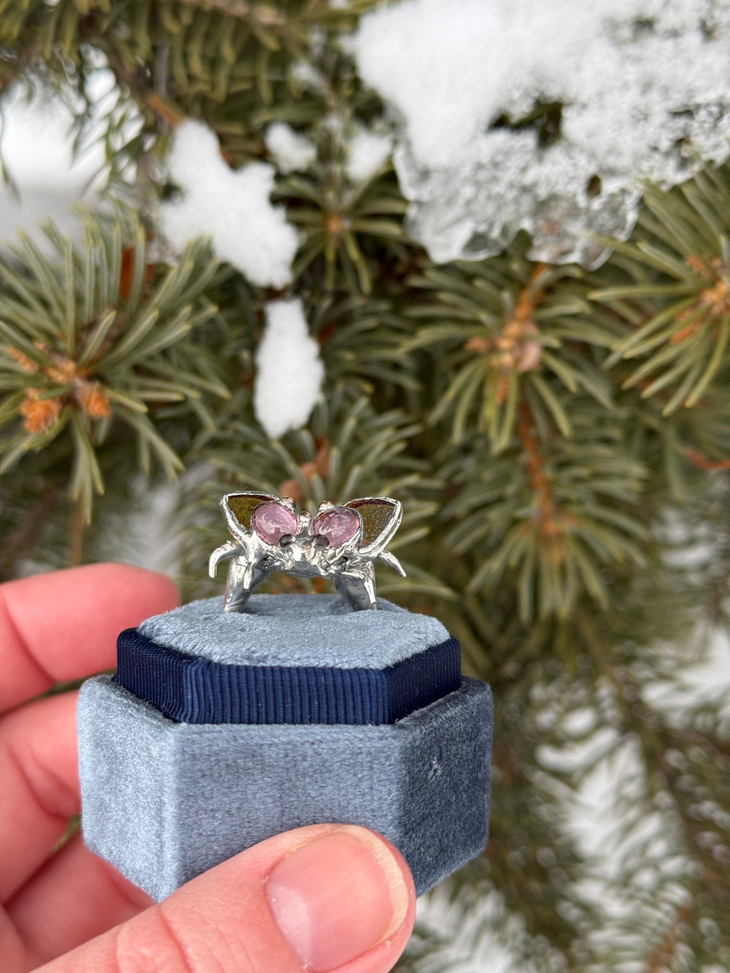 " . Bug Ring “Flower Chafer with Pink Tourmaline & Olive Prehnite”, art jewelry pendant with gemstones 3D wedding jewelry Mother’s Day gift