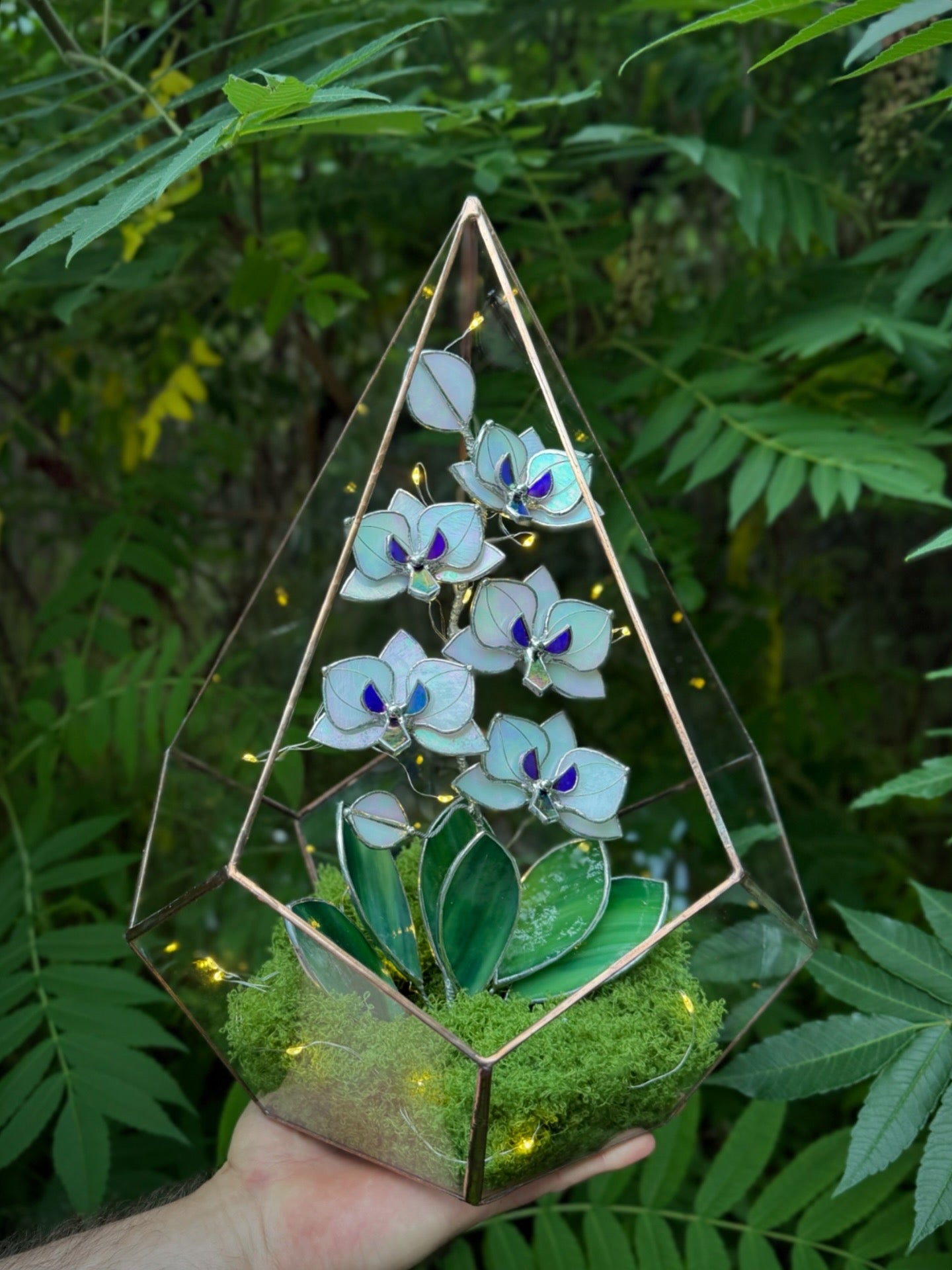 .CHOOSE COLOR Handcrafted Geometric glass 3D terrarium Teardrop with stained glass orchid
