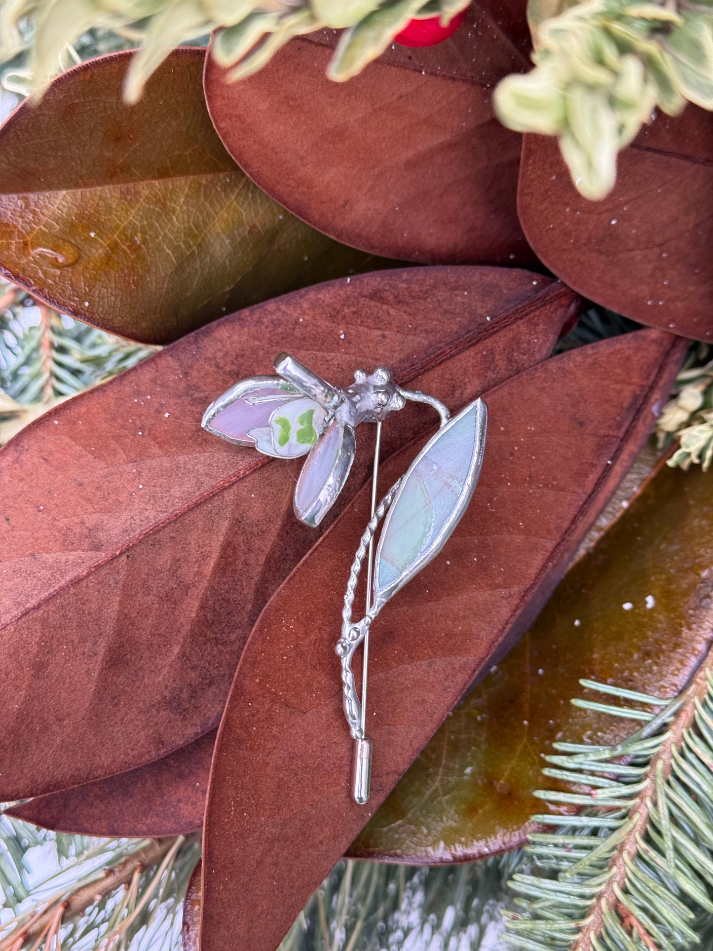 Snowdrop Brooch Statement Stained Glass Floral Pin, Modern Art Jewelry