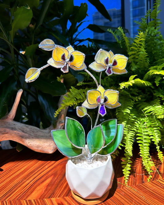 ". Yellow iridescent Orchid 3 flowers with pot” Stained glass tropical flower 3D, Sun catcher, Table plant, Garden stick, Outdoor and gardening decor