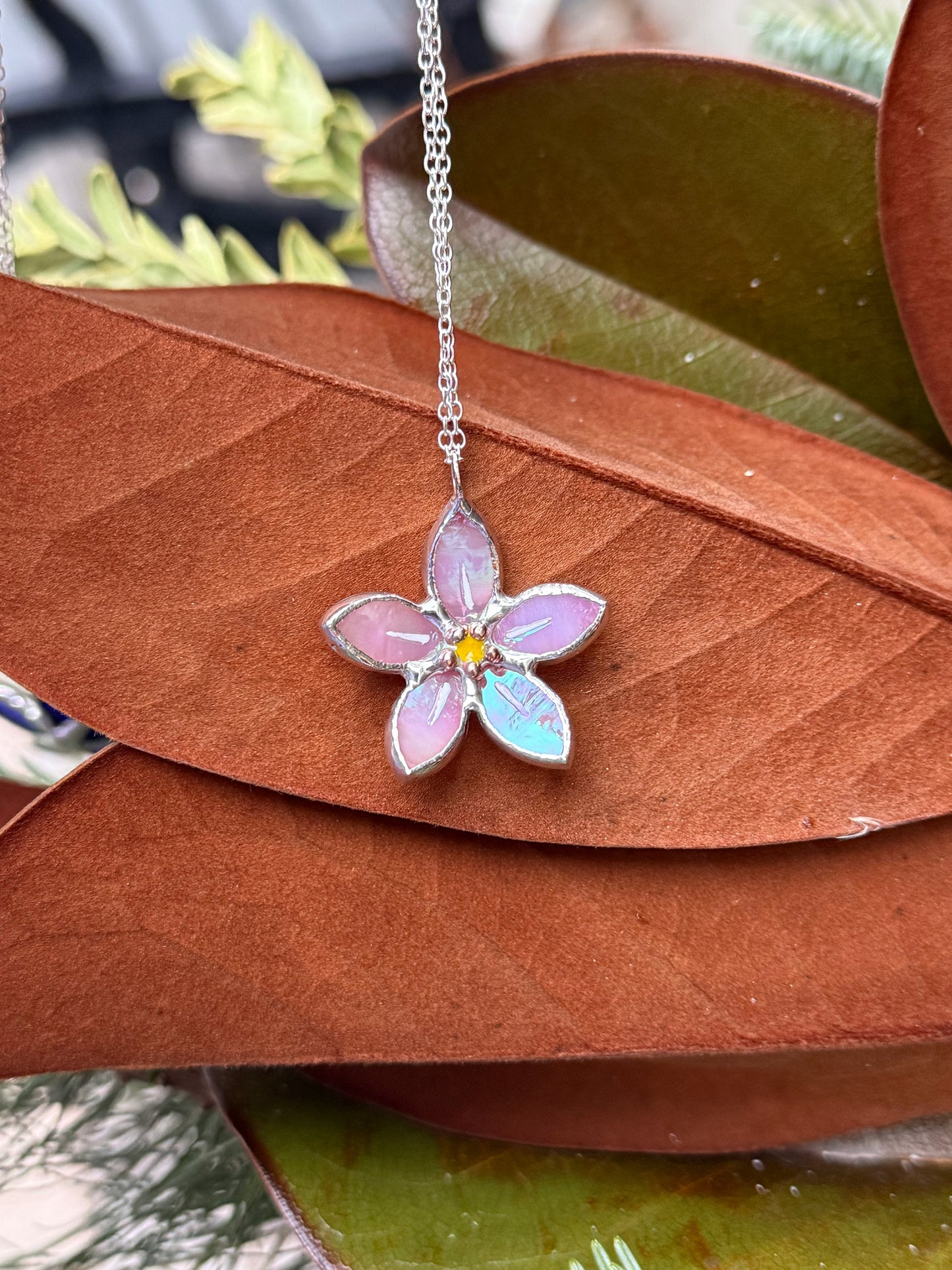 Forget Me Not Handmade Stained Glass Necklace Pink, Botanical Jewelry