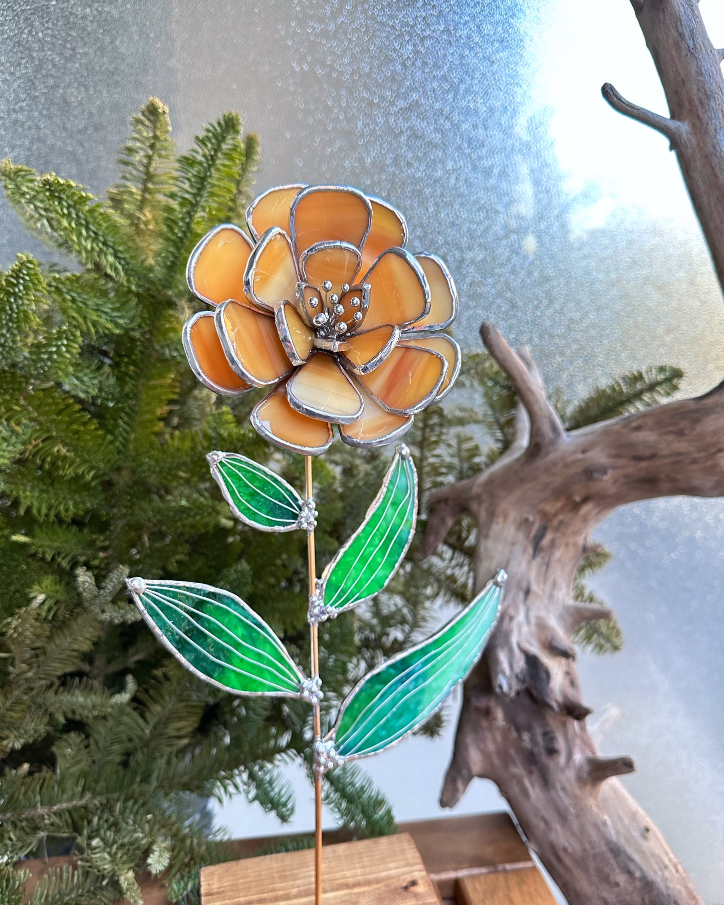 ".Peach Peony", Stained glass tropical flower 3D, Sun catcher, Table plant decor, Garden stake, wedding decor, Christmas gift