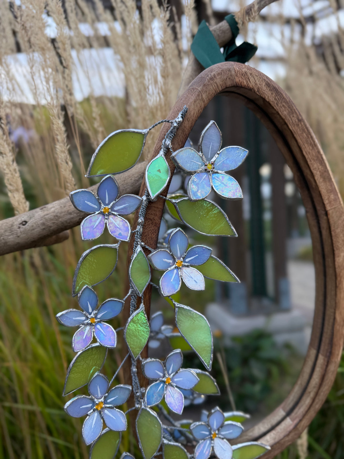 Forget Me Not iridescent Stained glass Flower Mirror, 3D Botanical Floral Wall Art ready new