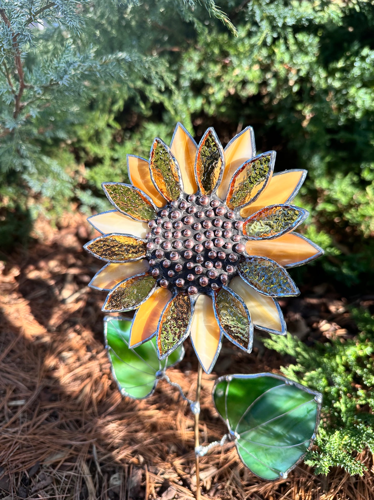 ".Sunflower Light Amber", stained glass tropical flower 3D, Sun catcher, Table plant decor, Garden stake, Outdoor and gardening, wedding Christmas gift