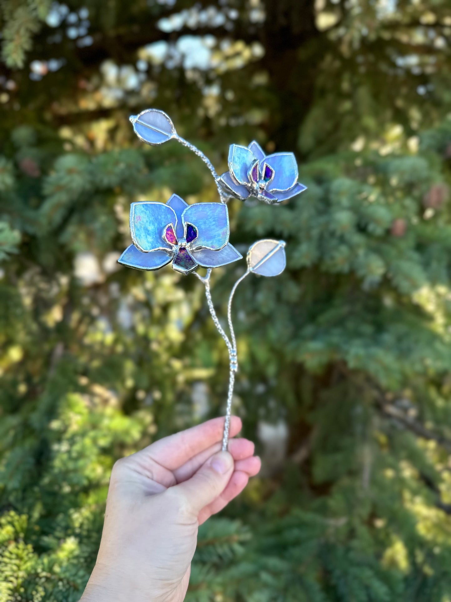 " . Lavender iridescent Orchid flower stick, Plant stake 2 flowers no pot” Stained glass tropical flower 3D, Sun catcher, Table plant, Garden stick, Outdoor and gardening decor