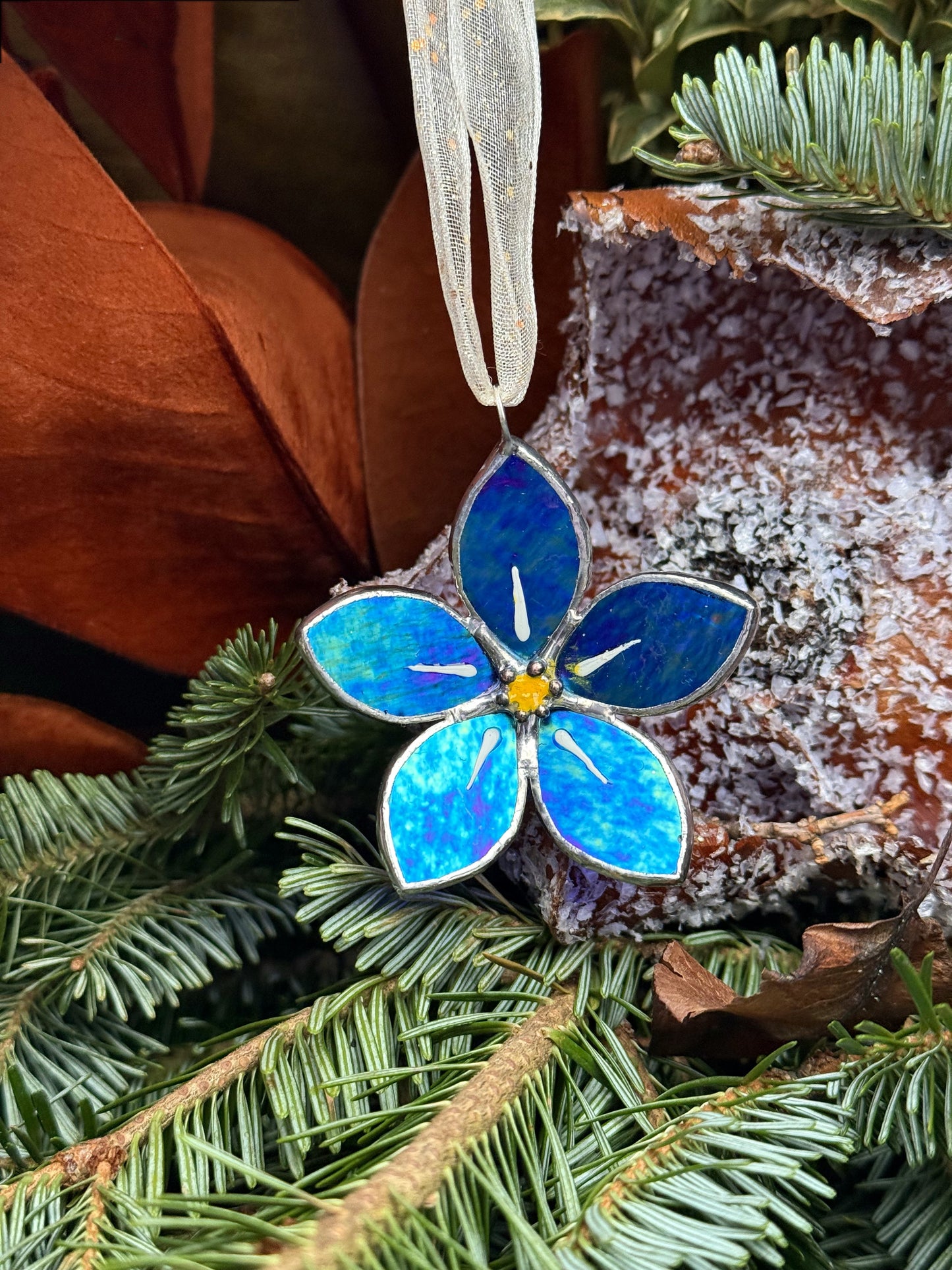 Forget Me Not Stained Glass Ornament Indigo Handmade Floral Suncatcher