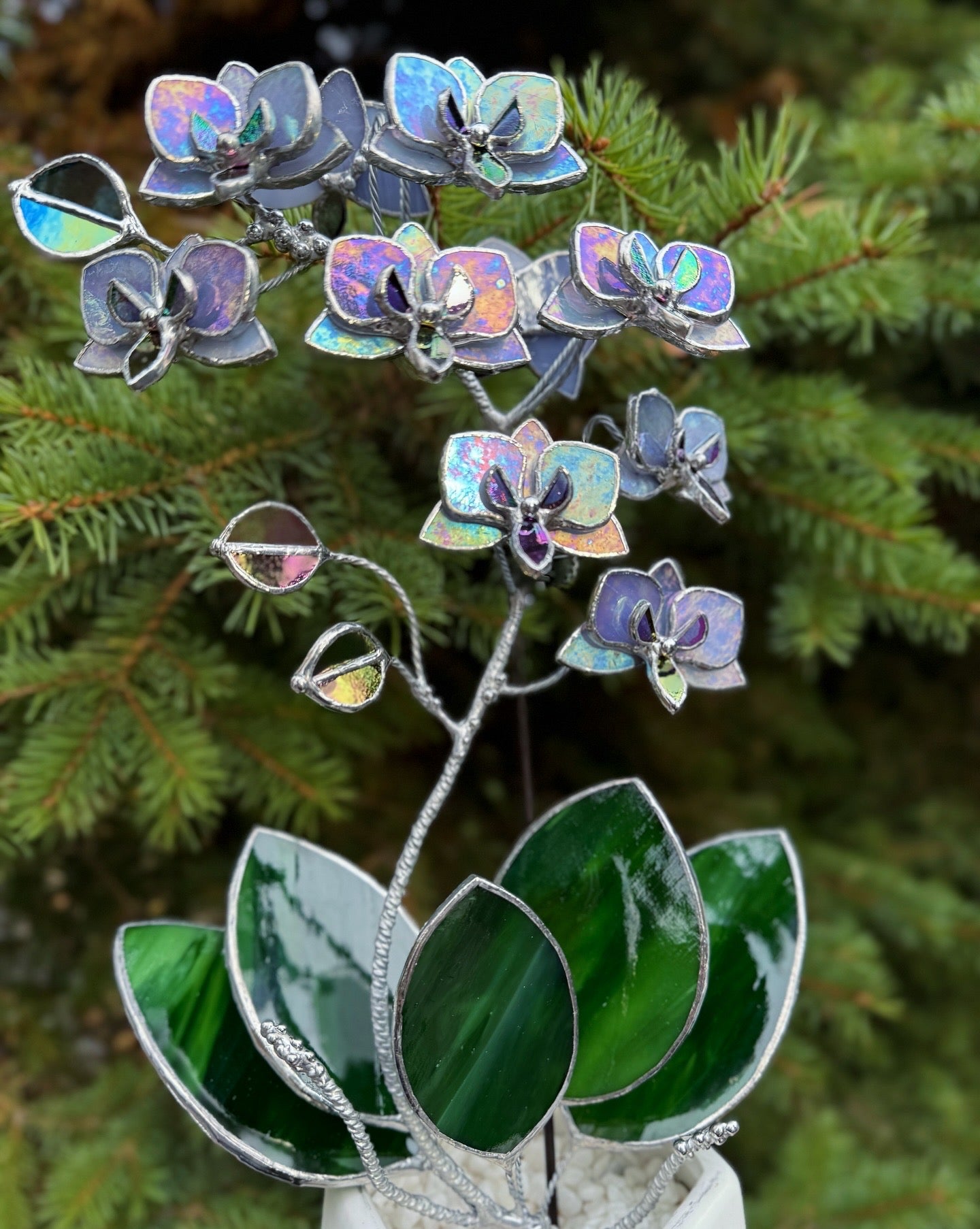 "  . Stained glass Orchid Lavender iridescent, double sided, 10 flowers with pot”, Stained glass tropical flower 3D, Suncatcher, Table plant decor