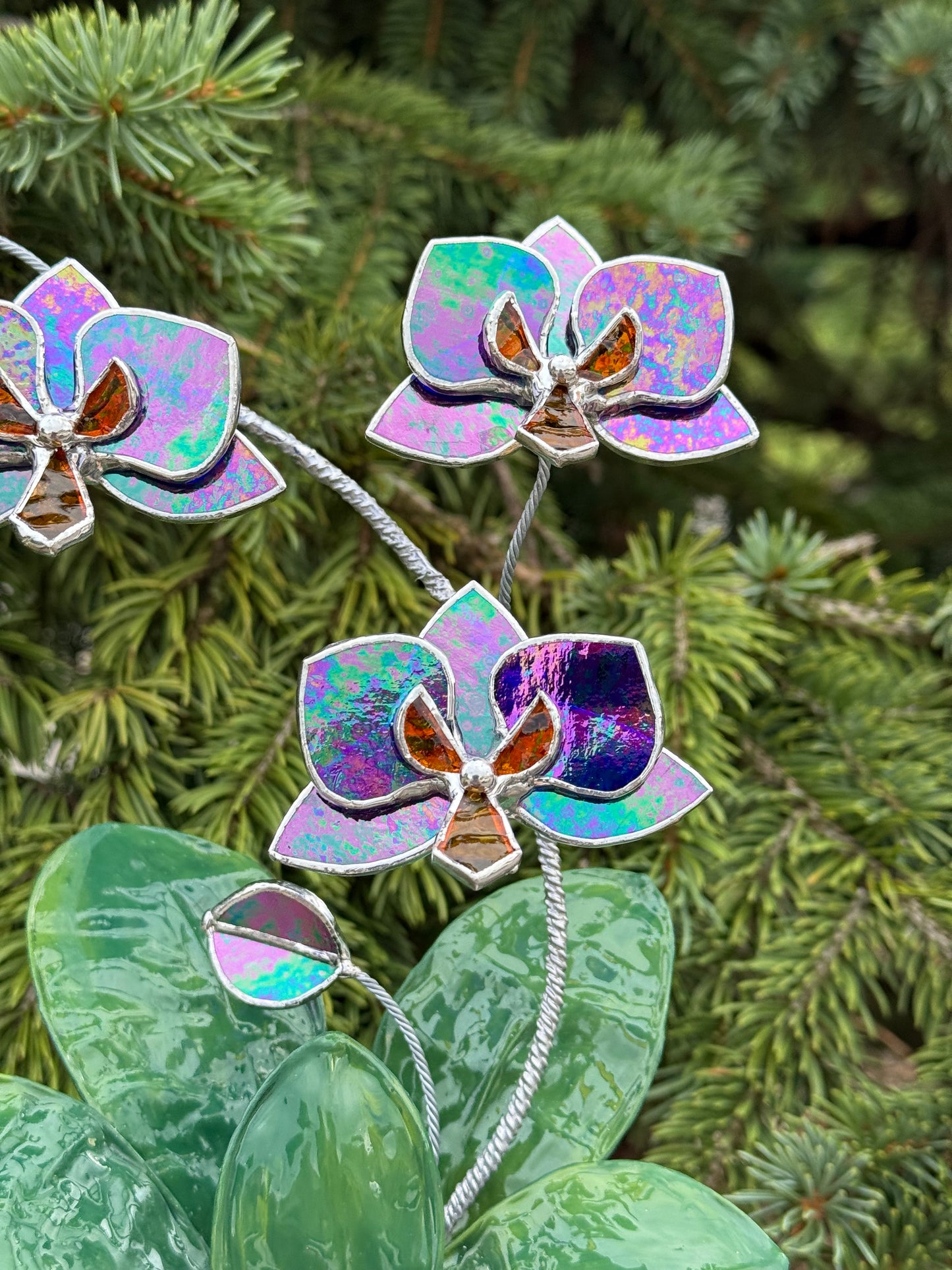 Orchid Indigo Iridescent Stained Glass WITH Hand Painted RESIN LEAVES, 3 Flowers, Botanical Table Decor