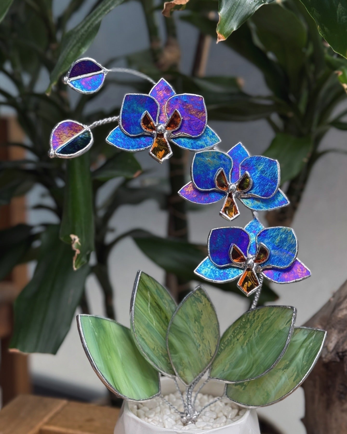 " . Indigo iridescent Orchid 3 flowers with pot 2025” Stained glass tropical flower 3D, Sun catcher, Table plant, Garden stick, Outdoor and gardening decor